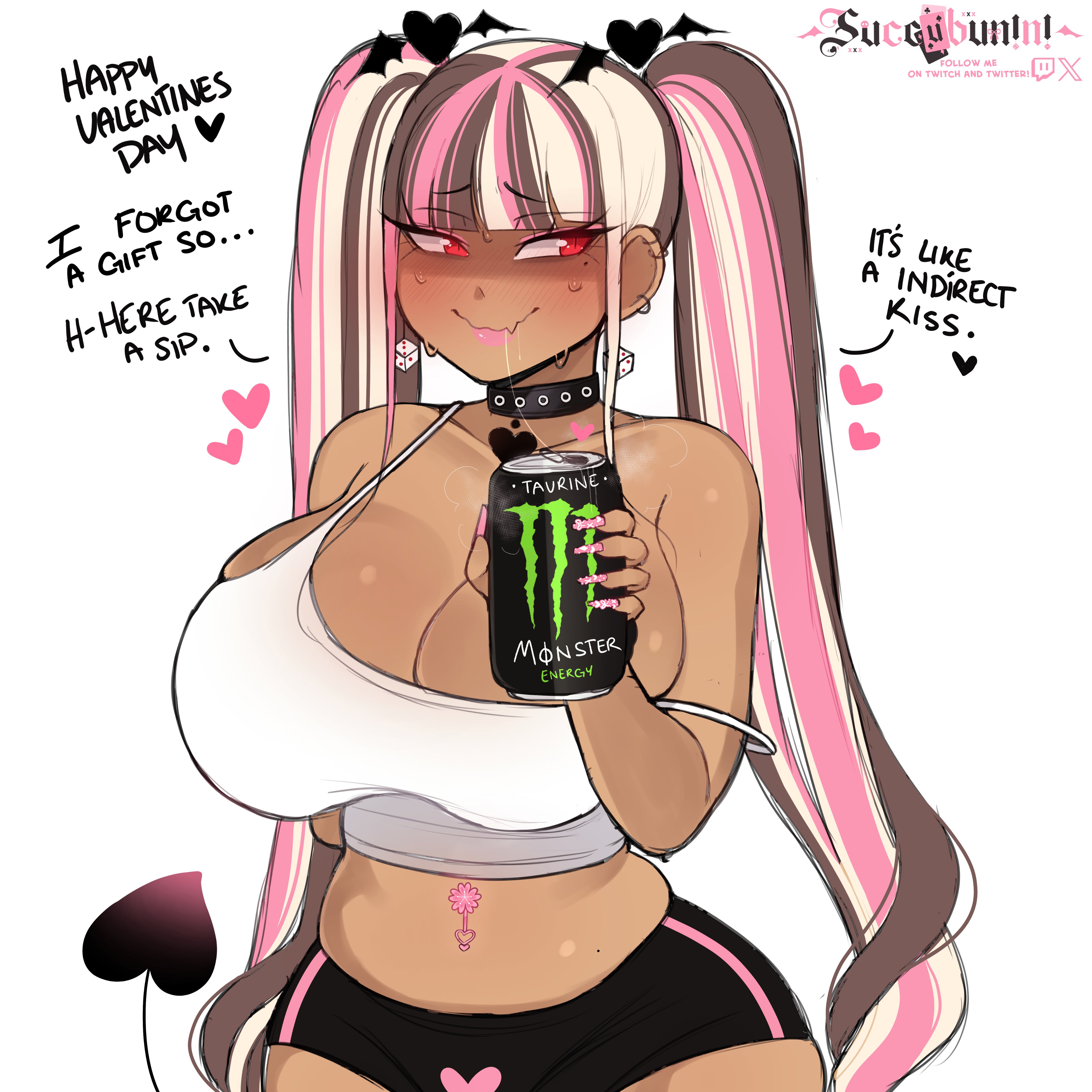 1girls, absurd res, artist name, bangs, blonde hair, blunt bangs, blush, brown hair, can, choker, cinnabus, cleavage, dark skin, dark-skinned female, dialogue, earrings, energy drink, english text, eyelashes, female, female only, heart, hime nini (succubunini), huge breasts, indie virtual youtuber, long twintails, looking at viewer, monster energy, monster energy can, navel piercing, pink hair, pink lipstick, red eyes, saliva string, shorts, slit pupils, smiling, smiling at viewer, solo, speech bubble, succubunini, succubus, succubus tail, tail, talking to viewer, three-tone hair, twintails, virtual youtuber, wavy mouth, white background
