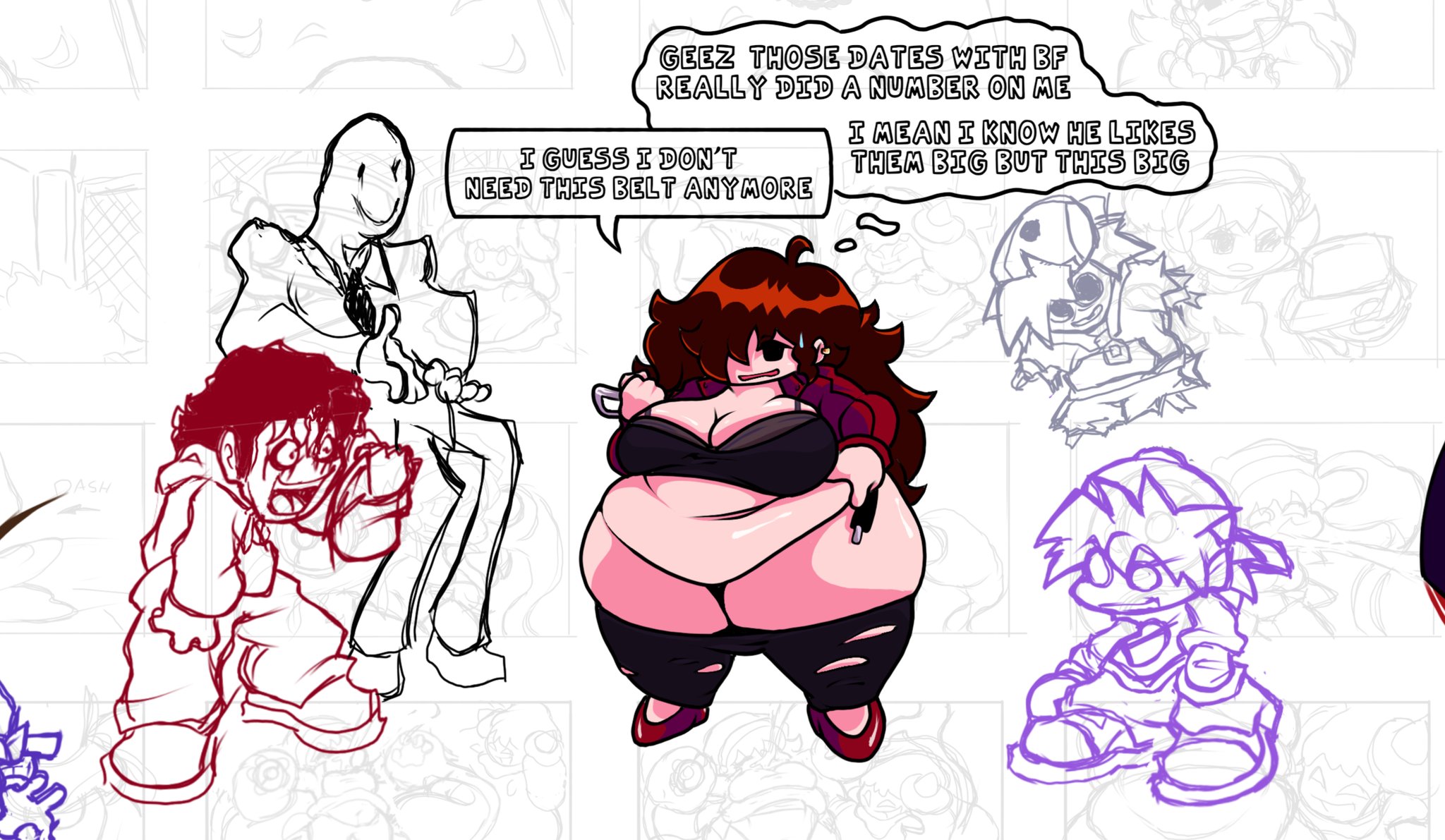 auburn hair, bbw, belly button, big ass, big breasts, black bra, boyfriend (friday night funkin), bra, chubby, chubby belly, chubby female, cleavage, cleavage cutout, creepypasta, fat, fat ass, fat belly, fat breasts, fat female, fat fetish, fat girl, fat thighs, fat woman, friday night funkin, girlfriend (friday night funkin), grabbing belly, grabbing own belly, grabbing thighs, hair over one eye, large breasts, long hair, nomuski, semi nude, shortstack, tearing clothes, tearing clothing, thick thighs, thighhighs, thighs, trepidation gf (friday night funkin), weight gain, weight gain female