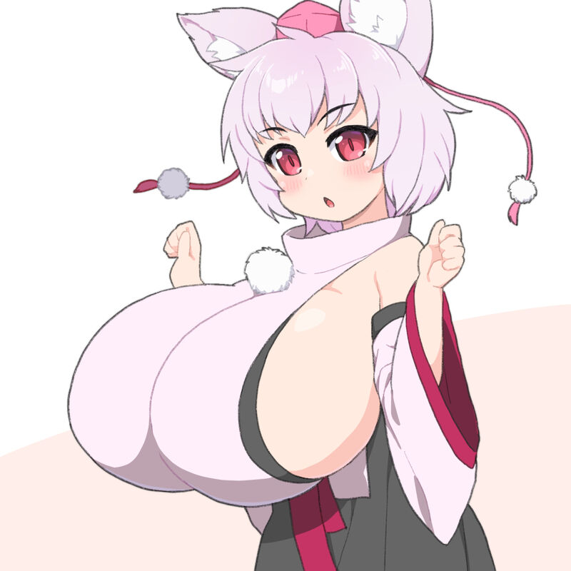 :o alternate_breast_size_(larger) animal_ears bare_shoulders blush breasts detached_sleeves female gigantic_breasts hat huge_breasts looking_at_viewer momiji_inubashiri open_mouth pom_pom_(clothes) red_eyes shirogane_hakuba short_hair sideboob simple_background skirt solo tokin_hat touhou white_hair wolf_ears wolf_girl
