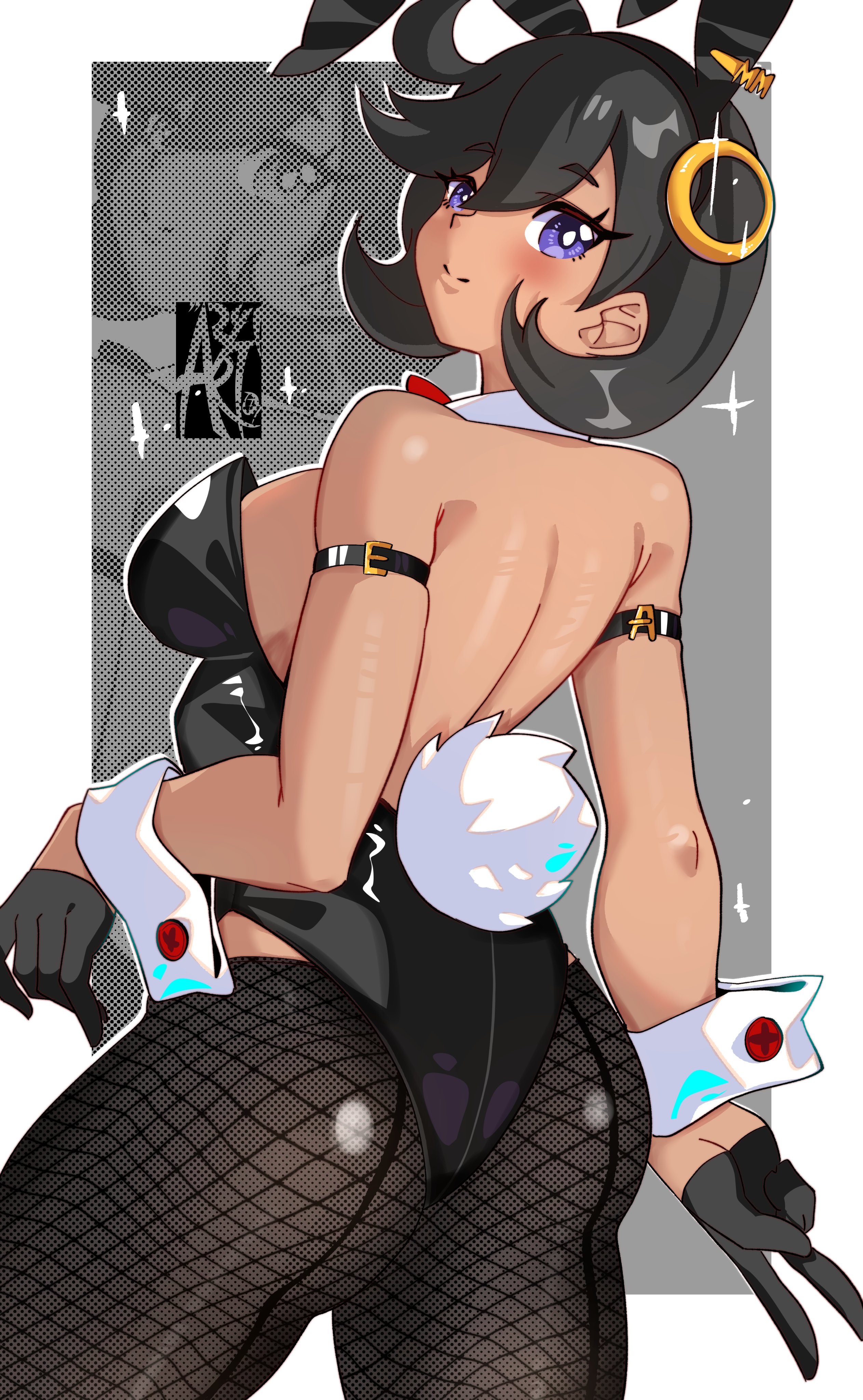 :>, 1girls, absurdres, alternate costume, animal ear hairband, animal ears, aryi077, ass, ass focus, black gloves, black hair, black leotard, border, breasts, bunny ears, bunny tail, bunnysuit, clothing cutout, curvy, dark skin, dark-skinned female, detached collar, emma (pokemon legends: z-a), emma (pokemon), fake animal ears, fat ass, female, fishnet pantyhose, fishnets, gloves, grey background, hairband, highres, hip vent, leotard, looking at viewer, looking back, matiere (pokemon legends: z-a), matiere (pokemon), pantyhose, playboy bunny, pokemon, pokemon legends: z-a, purple eyes, rabbit ear hairband, rabbit ears, rabbit tail, short hair, sideboob, simple background, solo, standing, strapless, strapless leotard, tail, thick, thick ass, thighs, upper body, v, white border, white wrist cuffs, wrist cuffs
