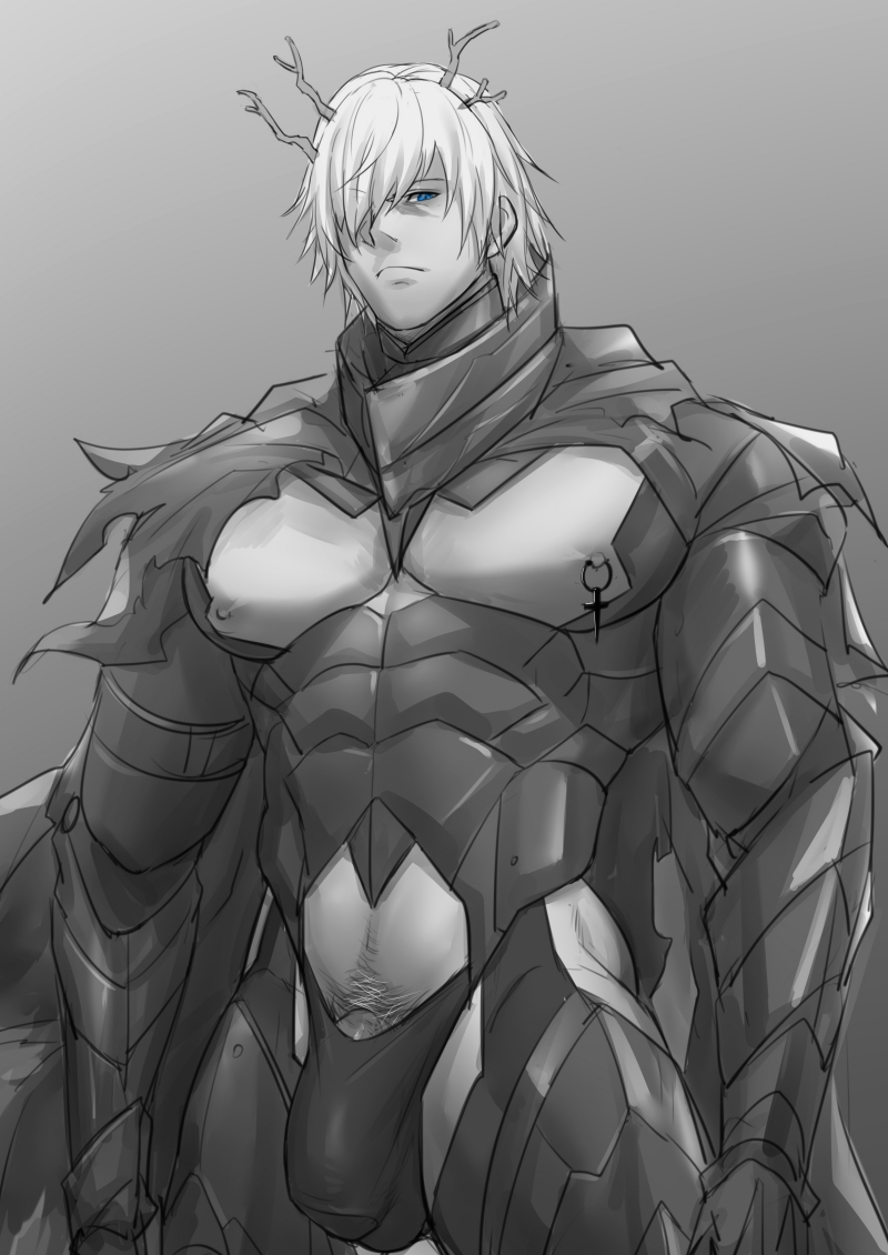 alchemy_stars antlers armor armored_boots armored_gloves bara blue_eyes cachic erect_cock erection gay greyscale looking_into_the_distance male male_only monochrome muscular_male mutated nipple_piercing regal_(alchemy_stars) scarf skimpy_armor soulga3 underwear white_hair whored_out yaoi