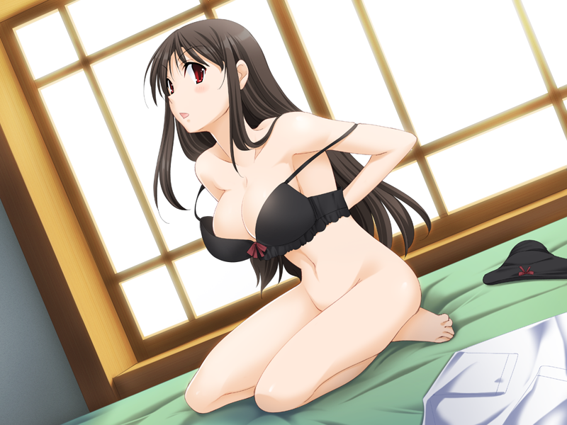 ass bed bedroom blush bra bra_slip breasts brown_hair character_request cleavage embarrassed feet female female_only game_cg human kneeling koi_to_mizugi_to_taiyo_to large_breasts lingerie long_hair looking_at_viewer navel nude on_bed open_mouth panties pov red_eyes shirt solo surprised underwear undressing window