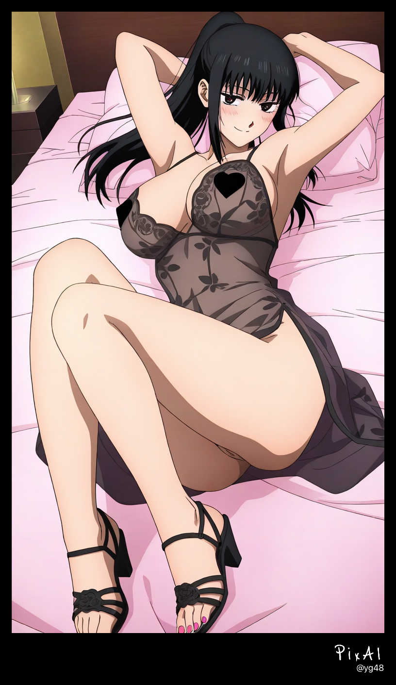 1girl, 4k 8k ai_generated anatomy, and anime beautiful bed, black blushing, body body, breasts breasts, clean coiffed, colors, content detailed dress, explicit expressive eyes, face, feet feet, female, flat full gradient hair hair, happy her high highlights, horny, lace legs, lineart, long loose, lying, manicures, masterpiece, mature minimal muted nails, night nsfw, on osaragi_(sakamoto_days) ovulating, pasties, pedicures, perfect pose, position, quality quality, resolution, sakamoto_days sandals, screenshot seductive see-through sexual sexy shading, shadow, shape, simple soft solo, strong tension, thighs thighs, thin toe toes, tongs up, v-cleavage, very view, well