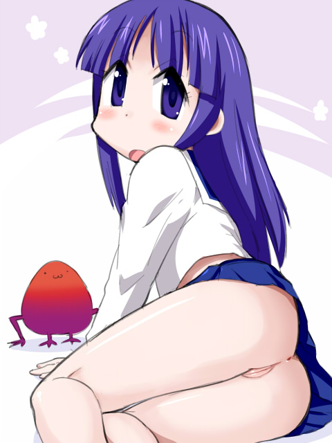 anus arm_support ass blush clothing female hinata_yukari long_hair looking_back lying no_panties on_side open_mouth purple_eyes purple_hair pussy school_uniform serafuku sitting skirt solo thighs toku_sonchou uncensored yuyushiki