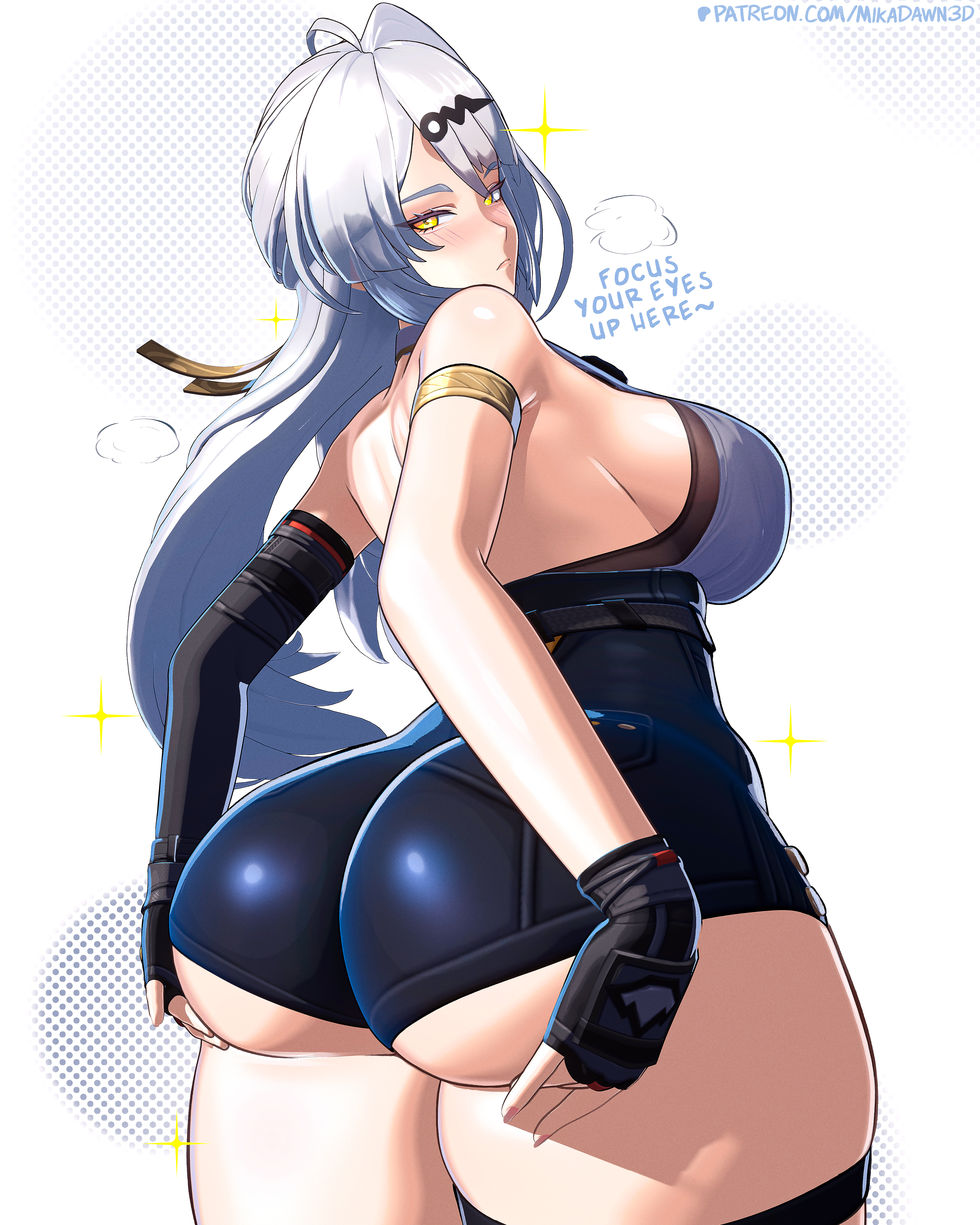 1girls, 3d, 3d (artwork), absurd res, absurdres, arm strap, ass, ass focus, ass support, big ass, big breasts, blush, breasts, bubble ass, bubble butt, clothing, detached sleeves, english, english text, female, female only, fingerless gloves, hair, hair ornament, hands on ass, handwear, high resolution, highres, huge ass, long hair, looking back, mikadawn, sparkles, steam, steamy breath, text, thick thighs, thighs, white hair, yellow eyes, yixuan (zenless zone zero), zenless zone zero