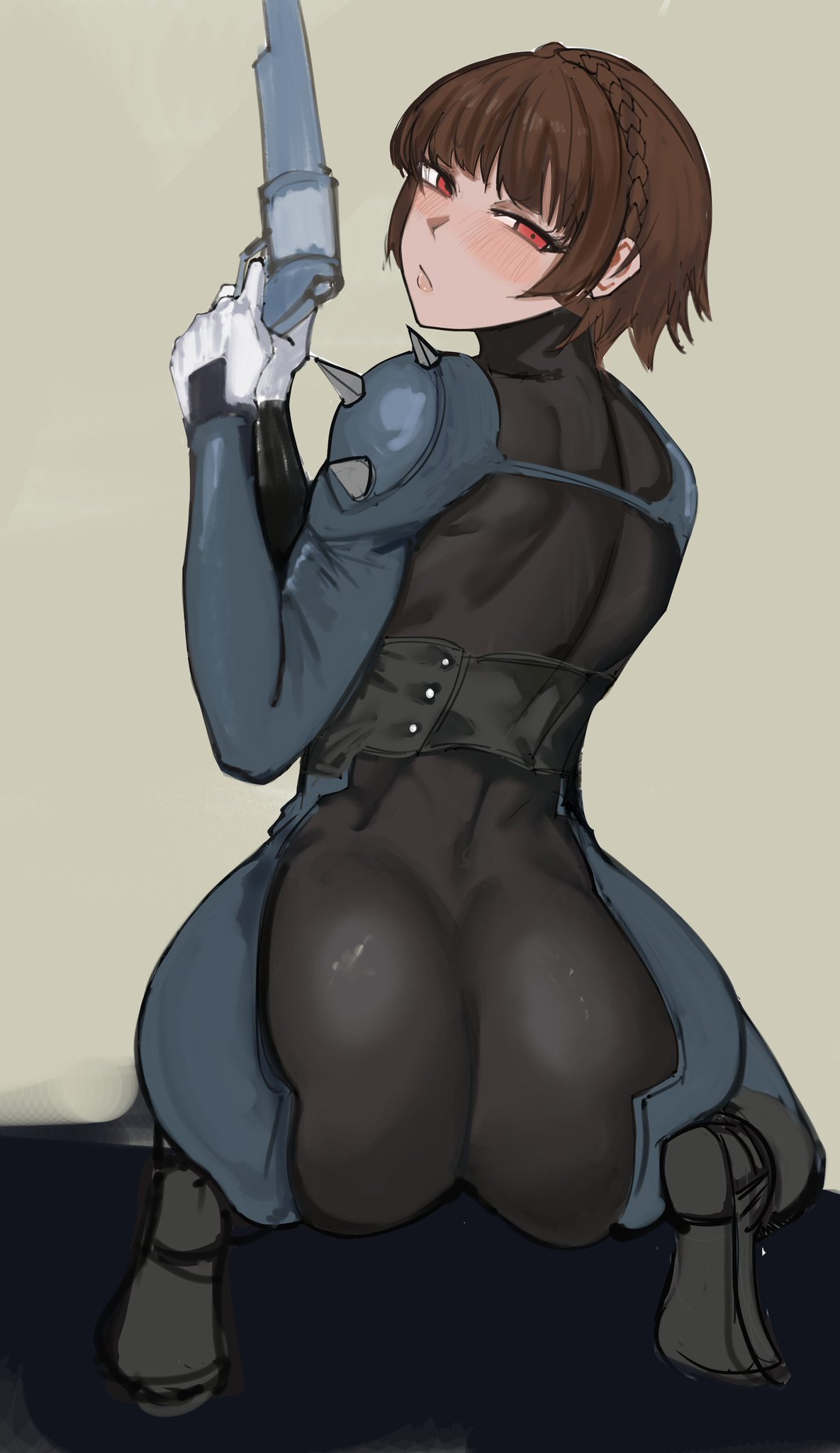 2026, ass, ass focus, back, back view, bodysuit, brown hair, clothing, female, firearm, fit, fit female, gun, handgun, hips, hips wider than shoulders, human, kneeling, large ass, looking at viewer, looking back, makoto niijima, nero watch, pale skin, persona, persona 5, phantom thief suit, red eyes, revolver, sitting, skin tight, skin tight suit, spikes, toned, toned female, weapon, wide hips