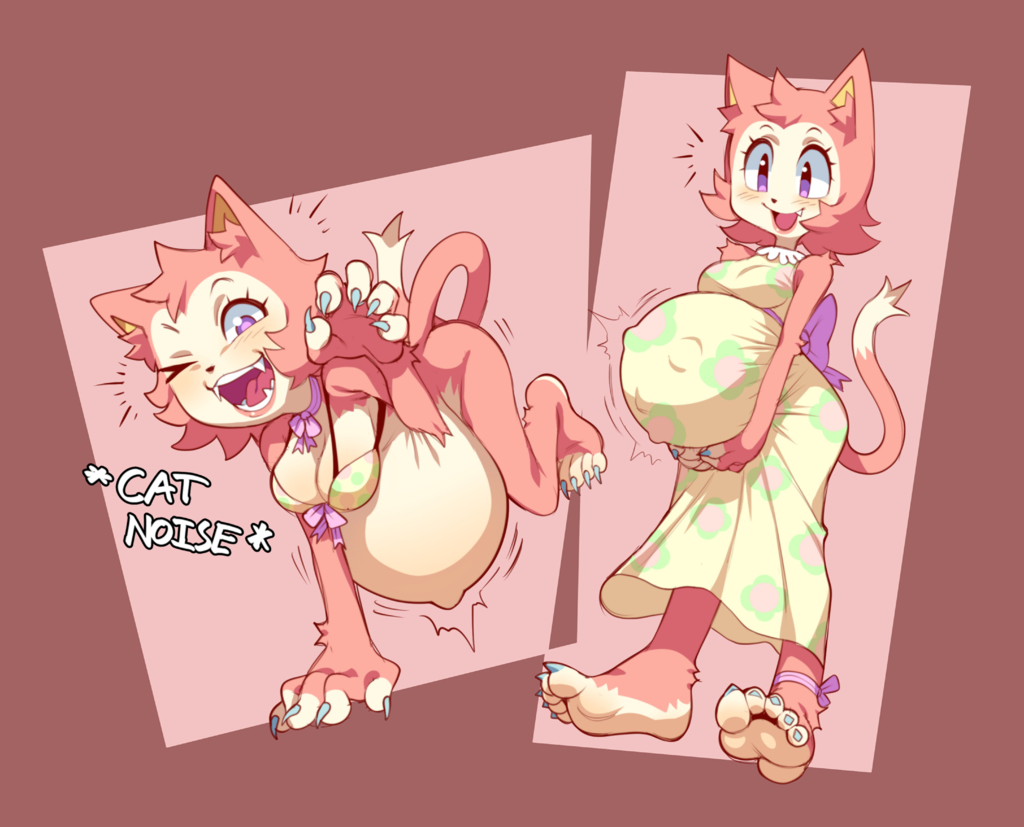 anthro, barefoot, bikini, blush, cat ears, cat tail, catgirl, claws, cleavage, fangs, feet, feline, female, female only, fetal movement, foot fetish, full body, fully clothed, furry, hellbrain, kemono, maternity clothes, maternity dress, medium breasts, original, original character, outie navel, pink fur, pregnant, purple eyes, sharp claws, sharp fingernails, short hair, smile, solo, standing, wink