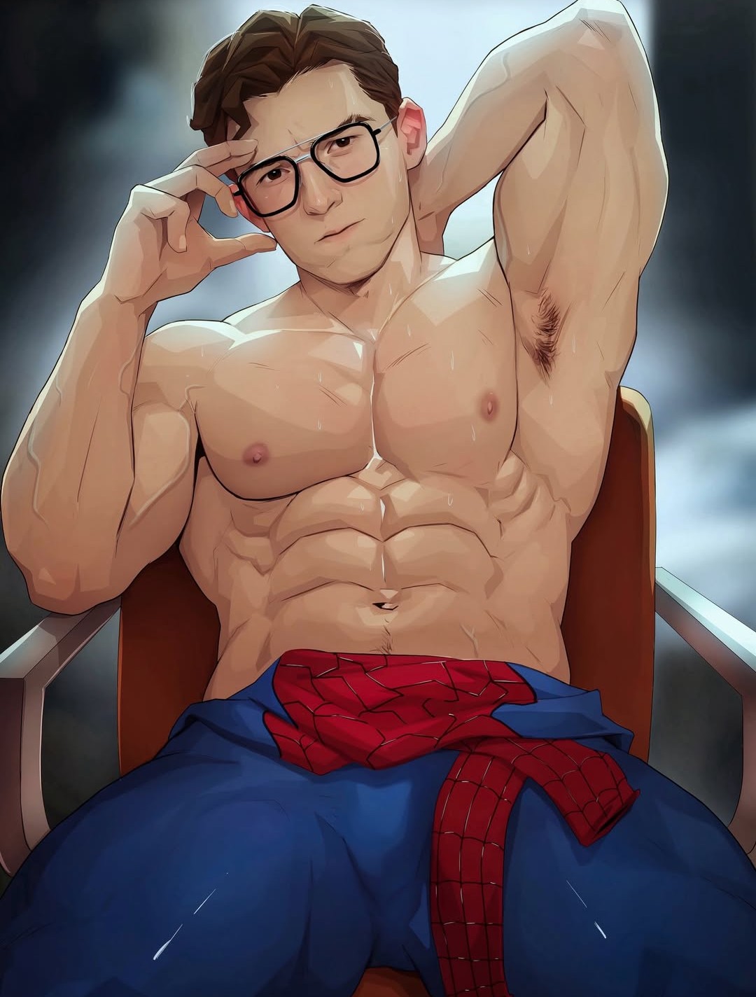1boy, abs, armpits, male, male only, marvel, muscular, muscular male, nerdyart, peter parker, shirtless, spider-man, tom holland