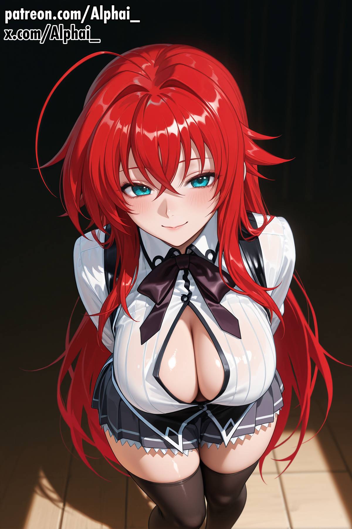 1girls 2025 2026 absurd_res absurdres ahoge ai_generated alphai arms_behind_back black_thighhighs black_vest blue_eyes blush blush_lines brown_shoes button_shirt cinematic_lighting cleavage colorful_background curvy depth_of_field detailed_hair detailed_skin dramatic_shadows female female_only full_body grey_skirt high_quality high_resolution high_school_dxd highres hourglass_figure kuoh_academy_school_uniform large_breasts long_hair looking_at_viewer naughty_face pleated_skirt red_bow red_hair red_ribbon rias_gremory school_uniform shiny_skin skindentation smile solo standing thick_thighs upper_body volumetric_lighting white_shirt zettai_ryouiki