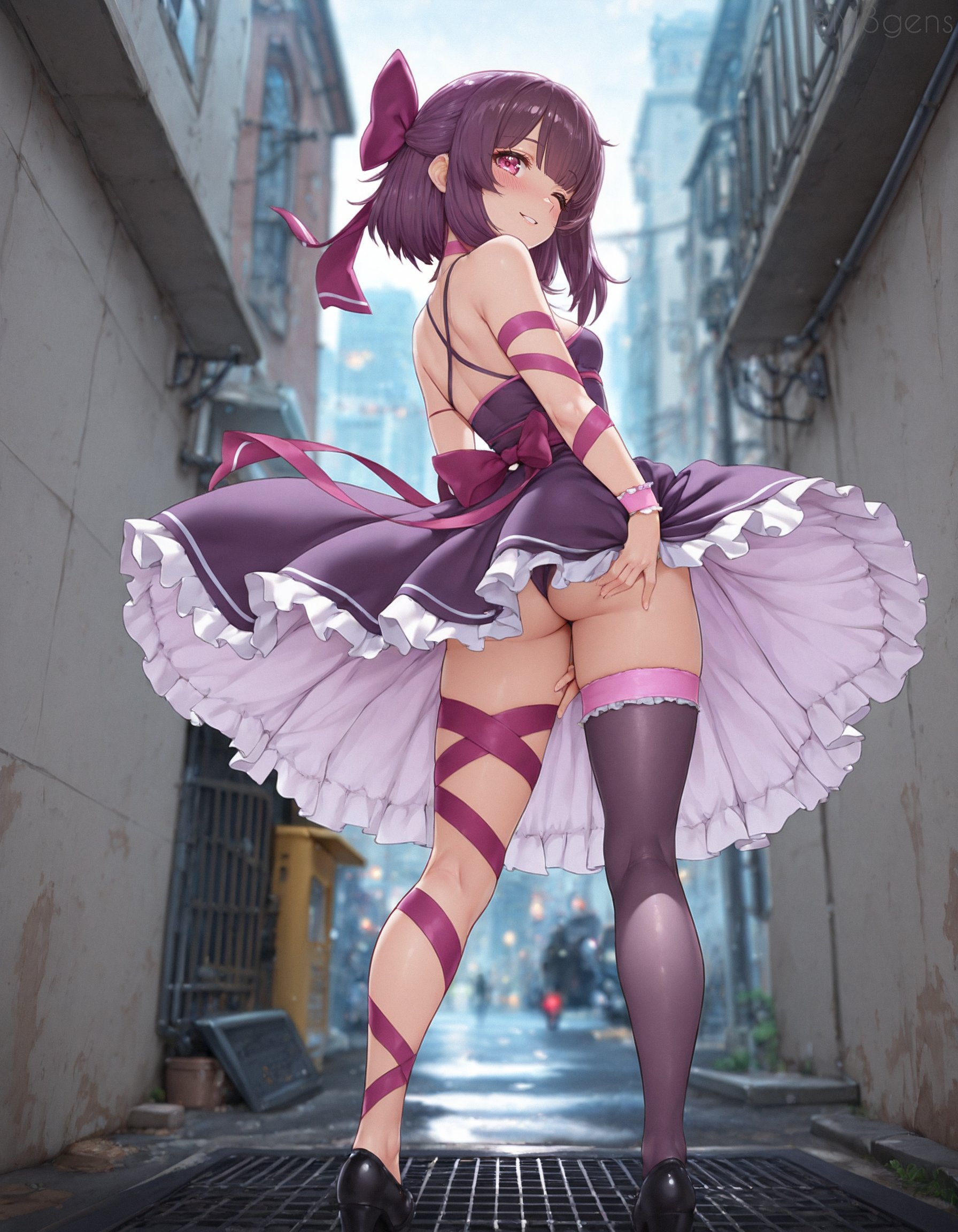 1girls, ai generated, ass, blush, fallen shadow, grabbing ass, indie virtual youtuber, light-skinned female, m3gens, outside, panties, purple eyes, purple hair, shondo (fallen shadow), short hair, thick thighs, virtual youtuber, vtuber, wink, winking, winking at viewer