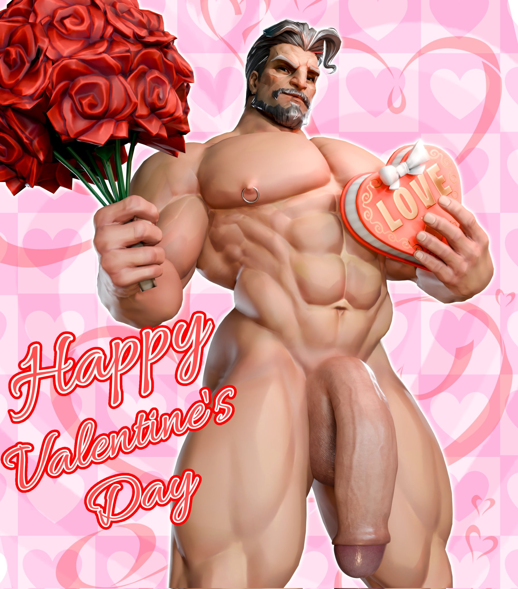 3d, bara, big dick, big penis, gunnsteam, magneto, magneto (marvel rivals), male, male only, marvel, marvel rivals, nude, nude male, penis, pink background, solo, solo male, valentine's day, white hair
