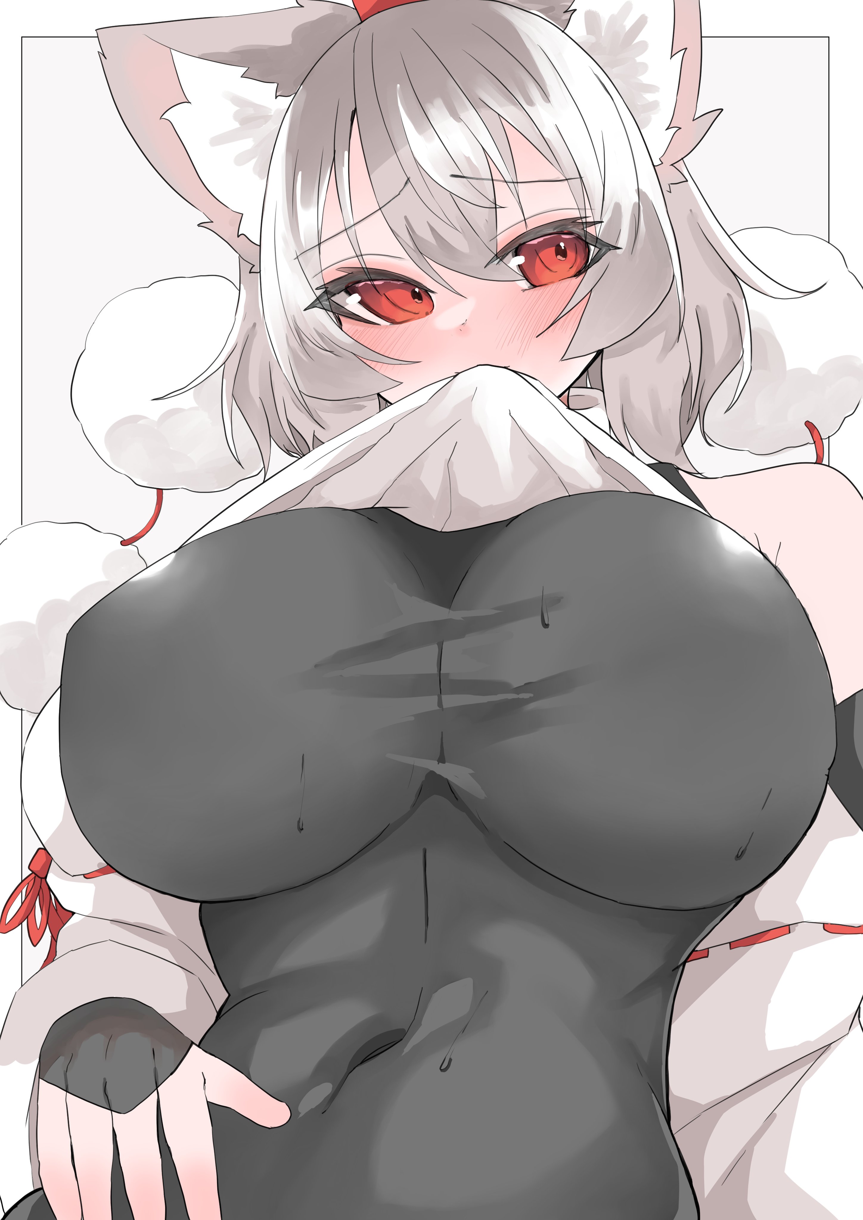 1girls, 2026, animal ears, bare shoulders, big breasts, black clothing, blush, breasts, clothed, clothing, color, colored, digital media (artwork), female, female only, fully clothed, grey hair, hair, hi res, huge breasts, inubashiri momiji, light skin, light skinned female, looking away, momiji inubashiri, red eyes, regua, shirt up, simple background, solo, stomach, sweat, sweatdrop, touhou, touhou project, viewed from above, white background
