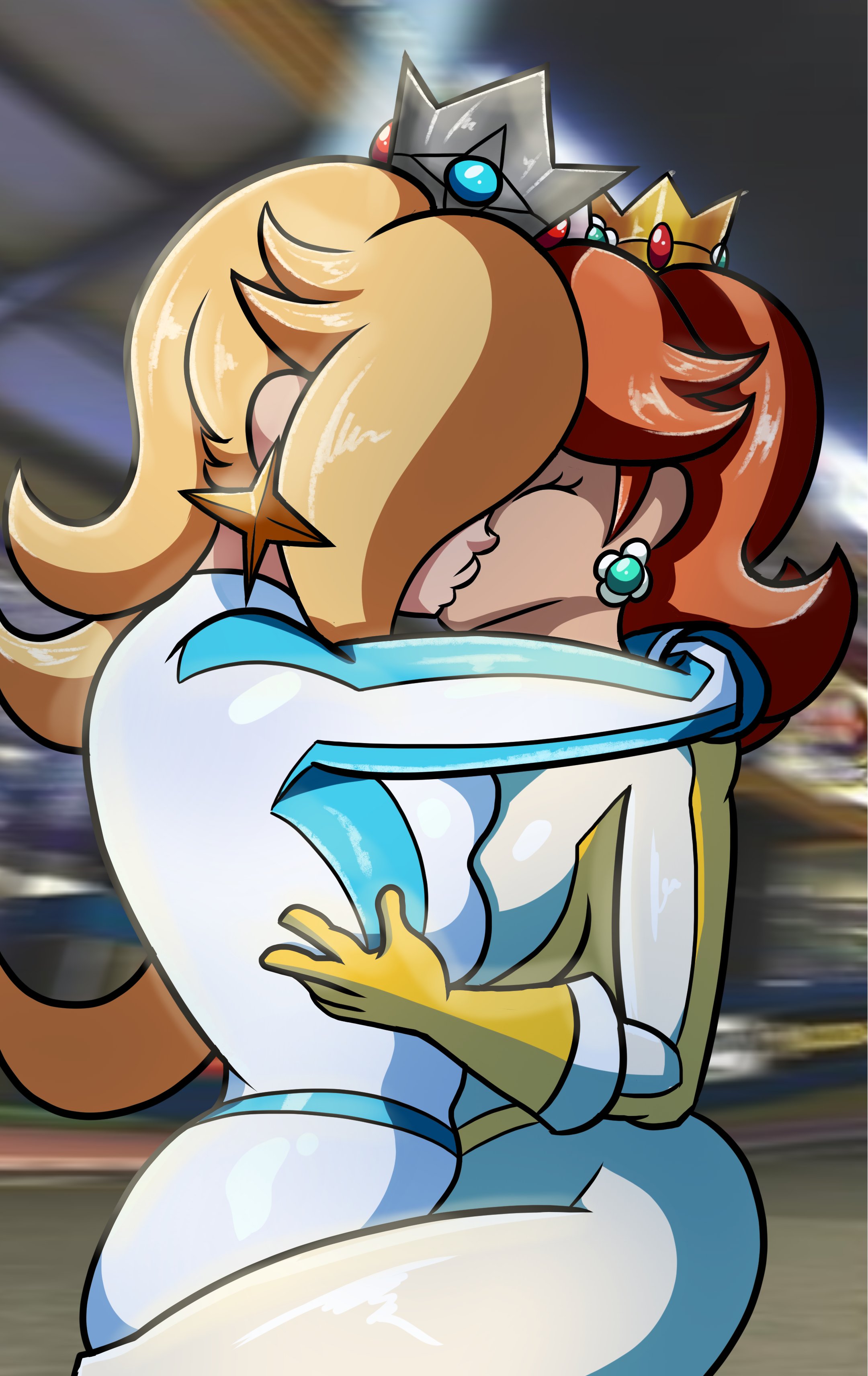 2 bodysuits, 2girls, blonde, blonde female, blonde hair, blonde hair female, blonde-haired female, bodysuit, breast press, brown hair, brown-haired female, clothed, ear piercing, ear ring, earrings, embrace, female, female only, fully clothed, hi res, hug, kissing, lesbian kiss, making out, mario (series), mario kart, mario kart 8, mario kart stadium, nintendo, princess daisy, princess daisy (aero), princess rosalina, princess rosalina (aero), robveemo, royalty, source request, yuri