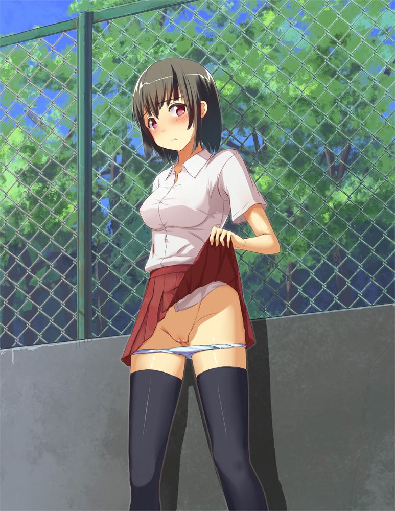 black_hair black_legwear blush embarrassed female flashing no_panties okeyataru original panties panty_pull pointy_chin pussy red_eyes short_hair skirt skirt_lift solo thighhighs uncensored underwear white_panties