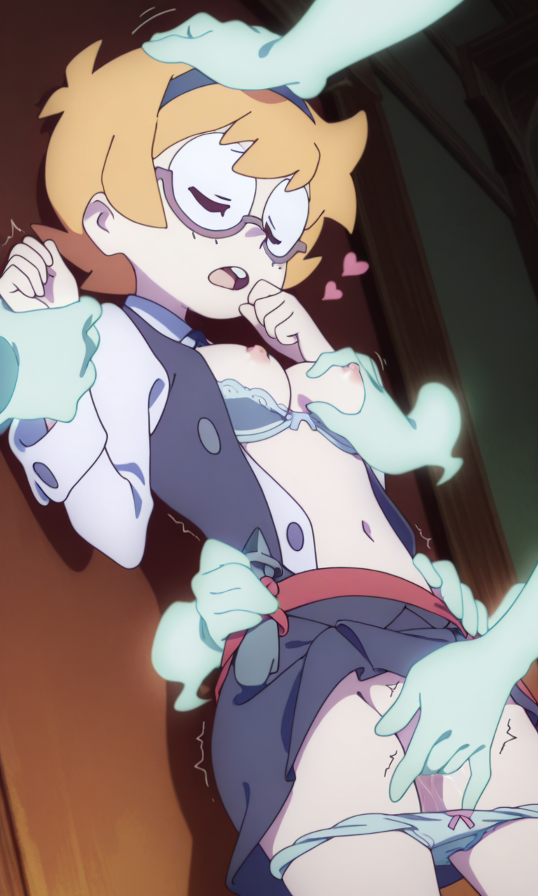 1girls, accurate art style, against wall, ai generated, bra, breast grab, breasts, closed eyes, collared shirt, disembodied hands, female, fingering, ghost hands, glasses, grabbing breasts, hand on another's hip, hand on own mouth, hands up, head tilt, headpat, heart, hip grab, leaning back, little witch academia, looking down, lotte jansson, luna nova school uniform, medium breasts, moaning, navel, nipples, open mouth, open shirt, open vest, orange hair, panties, panties down, pussy, pussy juice, reach around, restrained, short hair, skirt lift, solo, standing, sway back, twitching, wrist grab