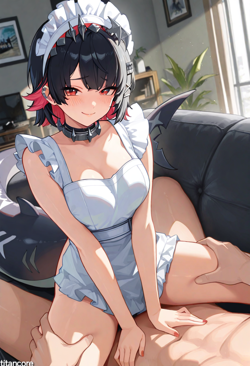 (titancore), ai generated, animal humanoid, apron only, big breasts, black hair, curvy figure, ellen joe, embarrassed, female, girl, male, monster girl, multicolored hair, on top, pov, ready to fuck, red hair, riding cock, shark girl, shark humanoid, shark tail, thiren, video game character, zenless zone zero
