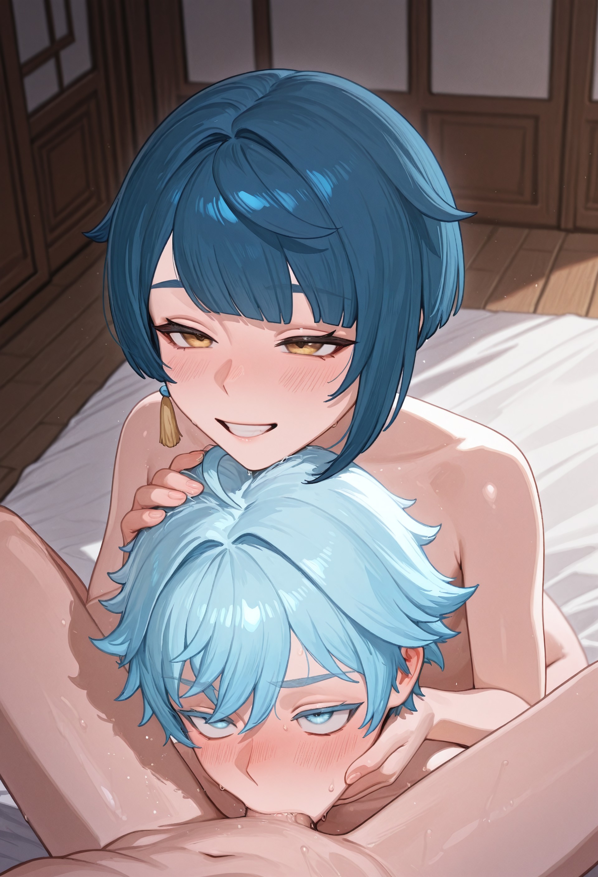 3boys, 5bxb, ai generated, assisted fellatio, assisted sex, blowjob, blush, choking on cock, chongyun (genshin impact), deepthroat, fellatio, femboy, gay, genshin impact, light skin, light-skinned male, male, male only, naked, nude, penis, smile, smiling, smiling at another, xingqiu (genshin impact)