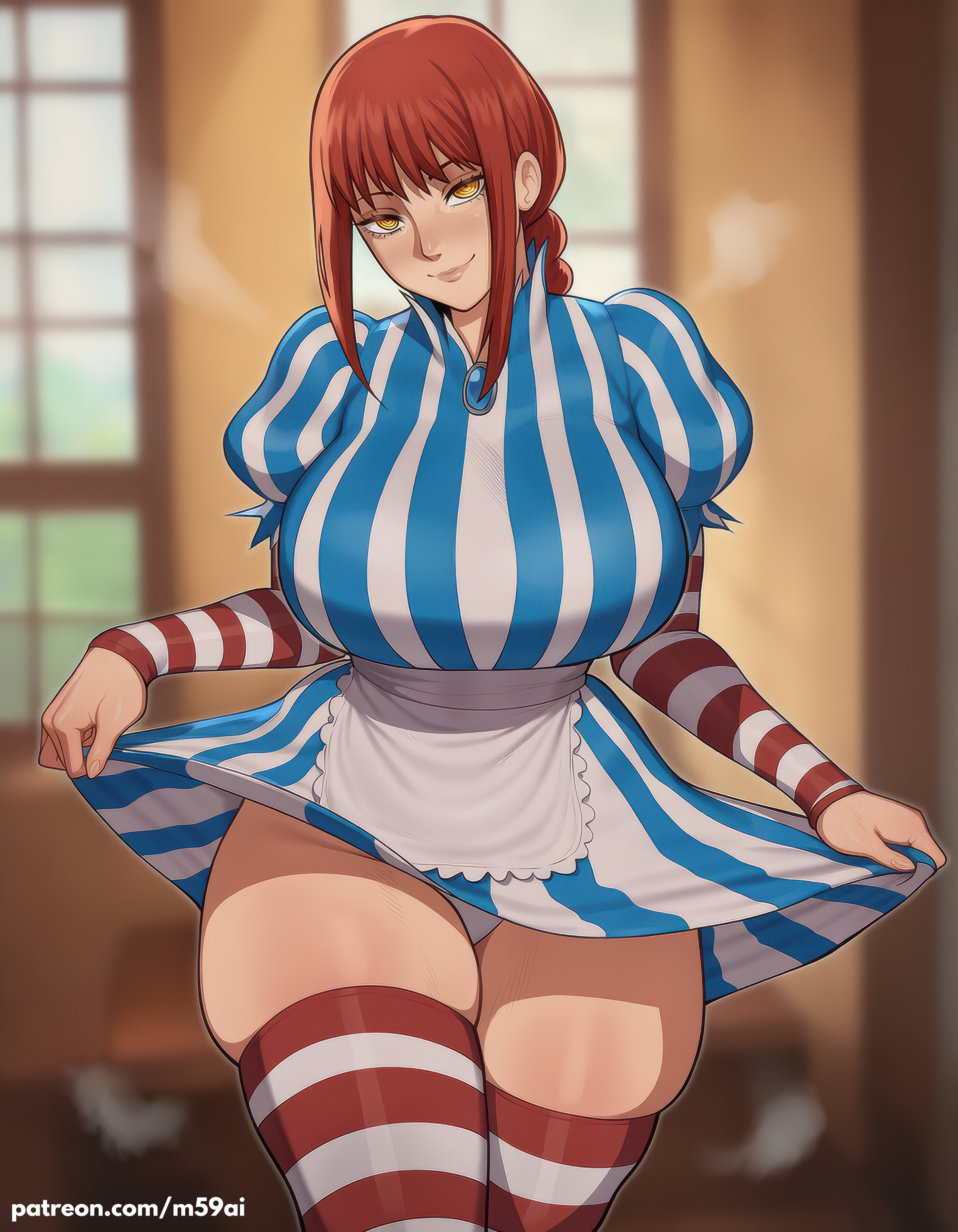 1girls, ai generated, anime, apron, ass, bangs, big ass, big breasts, braid, braided hair, braided ponytail, breasts, chainsaw man, curvy, dress, female, female only, huge ass, huge breasts, human, large breasts, looking at viewer, m59ai, makima (chainsaw man), mascot, panties, ponytail, puffy sleeves, red hair, seductive, sidelocks, single braid, skin tight, skindentation, skirt, skirt lift, slim waist, smile, striped legwear, stripes, thick thighs, thigh highs, thighhighs, thunder thighs, uniform, voluptuous, waitress, wedgie, wendy thomas, wendy's, wide hips, yellow eyes