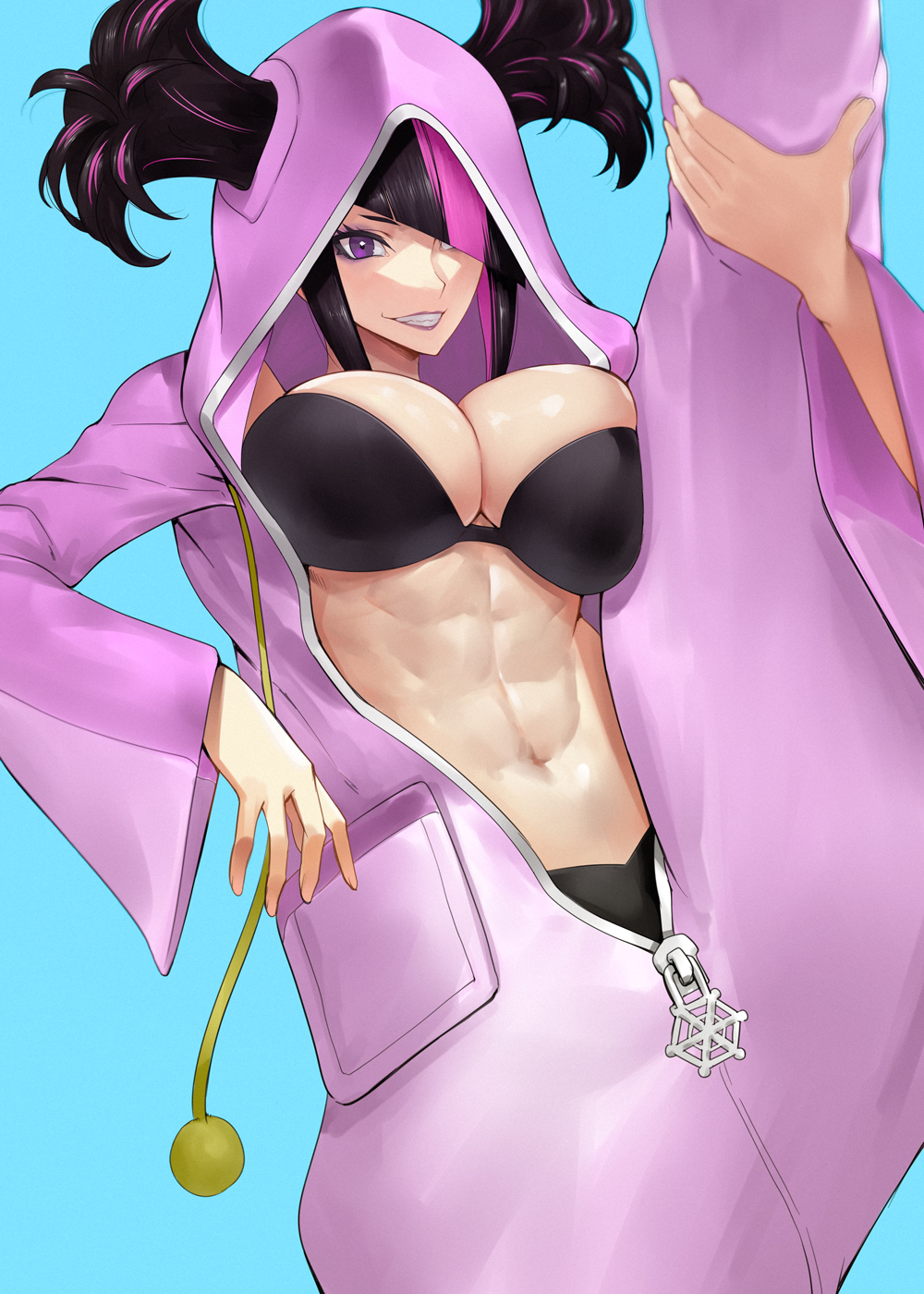1girls, abs, black bra, black hair, blue background, bra, breast press, breasts, feet out of frame, female, female only, hair through headwear, hair through hood, highres, hood, ippo, juri han, large breasts, lipstick, makeup, multicolored hair, navel, one eye covered, pajamas, pink hair, purple eyes, smile, standing, standing on one leg, standing split, street fighter, street fighter 6, teeth, two-tone hair, underwear