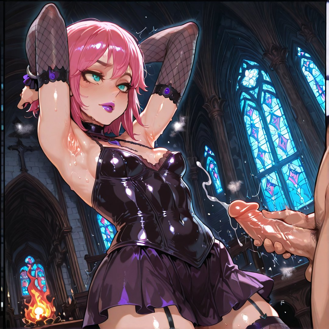 1:1, 1boy, 1boy1girl, 1girls, aged up, aged up character, ai art, ai assisted, ai generated, annie (aged-up), annie hastur, armpits, arms up, breasts, church, church interior, cum, cum on body, cumshot, cumshot on chest, female, fishnets, goth, goth girl, gothic, green eyes, high resolution, highres, horny, jerking, jerking off, jerkingoff, latex, latex clothing, league of legends, lipstick, male, pink hair, purple lipstick, sweat
