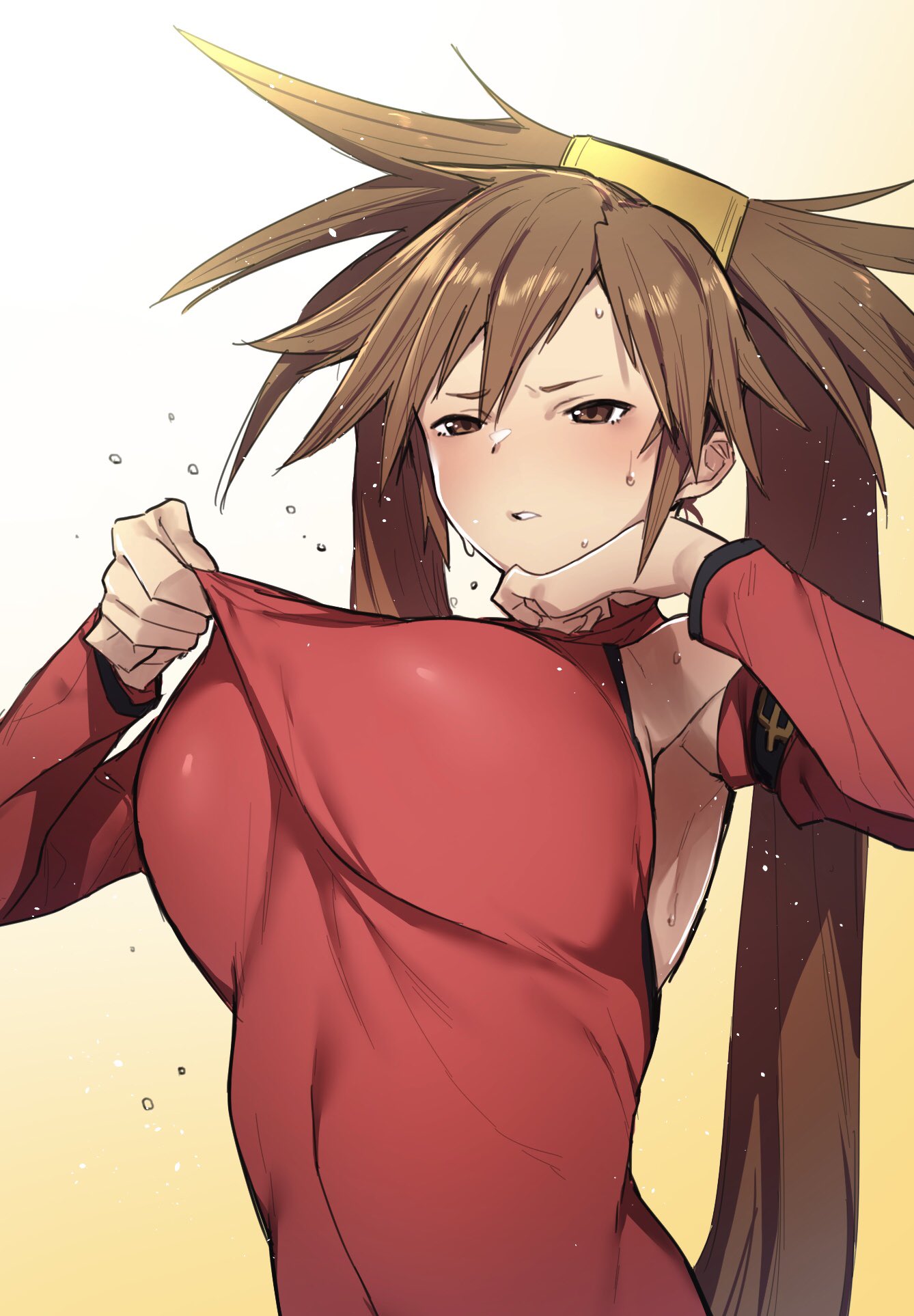 armpits, bare shoulders, blush, breasts, brown eyes, brown hair, china dress, chinese clothes, clothes pull, detached sleeves, dress, dress pull, female, female only, guilty gear, hair ornament, highres, illust kuma, impossible clothes, impossible dress, kuma (jk0073), kuradoberi jam, large breasts, long hair, simple background, solo, sweat