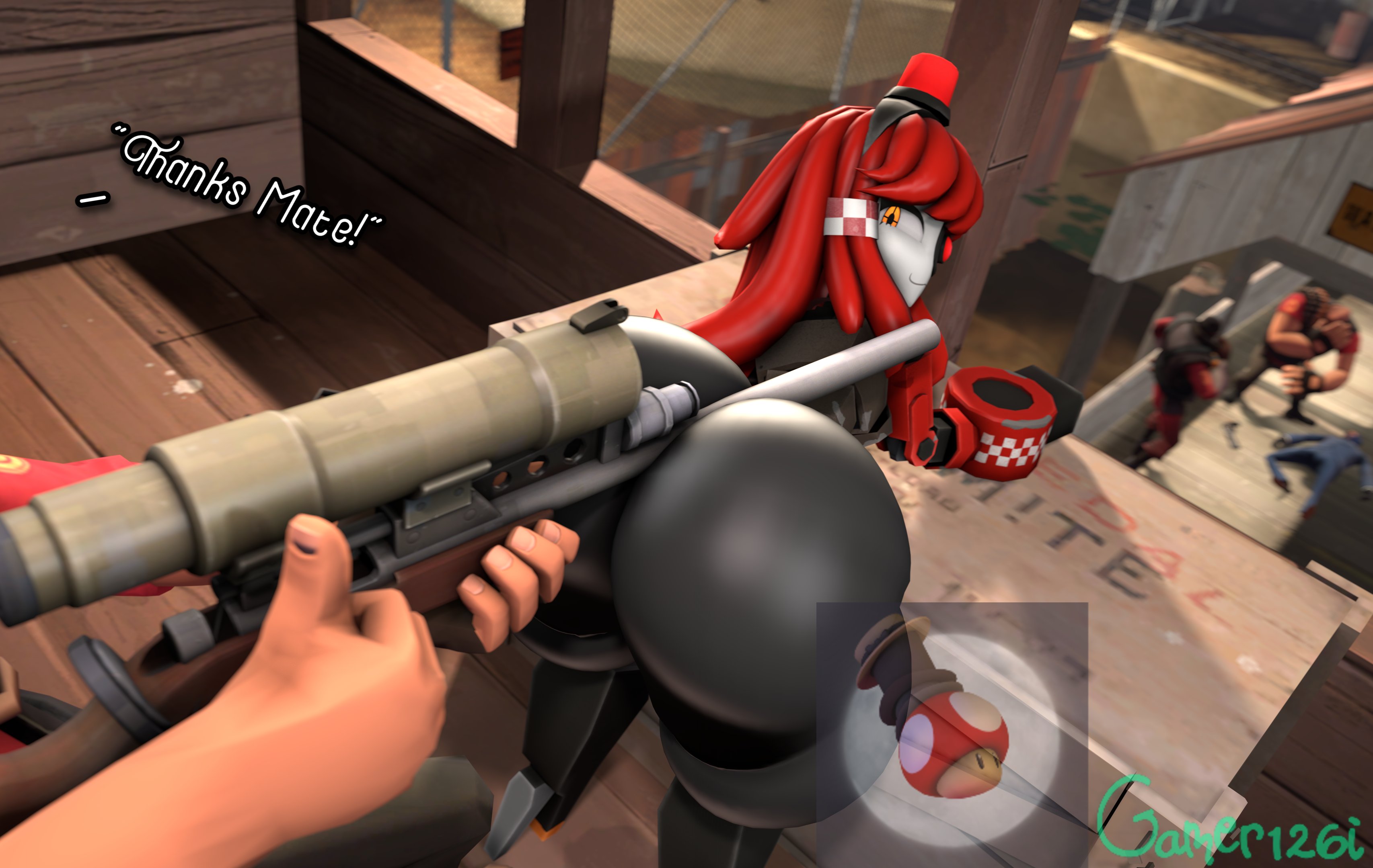 ambiguous gender, babyhunt4, big ass, crypti1d, da ra ra ra, demoman (team fortress 2), dialogue, gamer126i, heavy (team fortress 2), hot dogging, inspired by, malicious smile, mimi sentry, render, robot, sentry (team fortress 2), smug face, sniper (team fortress 2), sniper rifle, spy (team fortress 2), tagme, team fortress 2