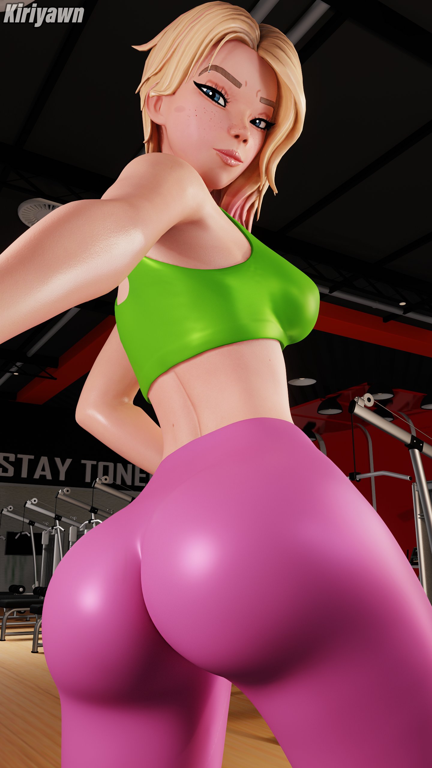 1girls, back view, blonde, blonde female, blonde hair, blue eyes, bottom heavy, female, fortnite, fortnite: battle royale, freckles, green sports bra, gwen stacy, gym, kiriyawn, leggings, light skin, light-skinned female, looking at viewer, marvel, marvel comics, no visible genitalia, no visible nipples, pink leggings, pink yoga pants, rear view, selfie, shiny ass, shoulder length hair, solo, solo female, spider-gwen (fortnite), sports bra, yoga pants