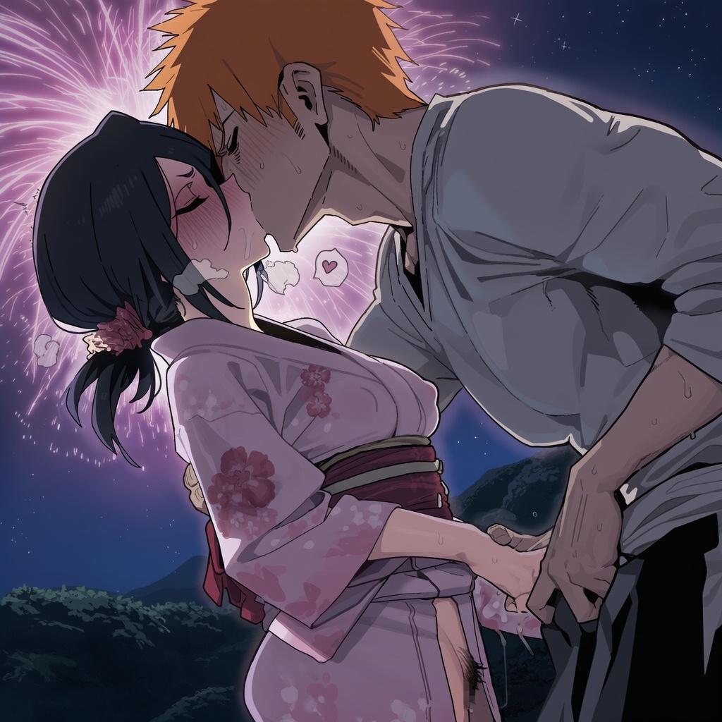 1boy, 1girls, ai generated, bare thighs, black hair, bleach, breasts, bulge, bulge grab, bulge through clothing, closed eyes, female, hairy pussy, huge breasts, huge thighs, ichigo kurosaki, kimono, kissing, kuchiki rukia, large breasts, light skin, light-skinned female, light-skinned male, male, muscular, muscular male, no panties, noname99999991, orange hair, pussy, short hair, shounen jump, spiky hair, squatting, sweat, sweatdrop, thick body, thick female, thick thighs, thighs, voluptuous, voluptuous female