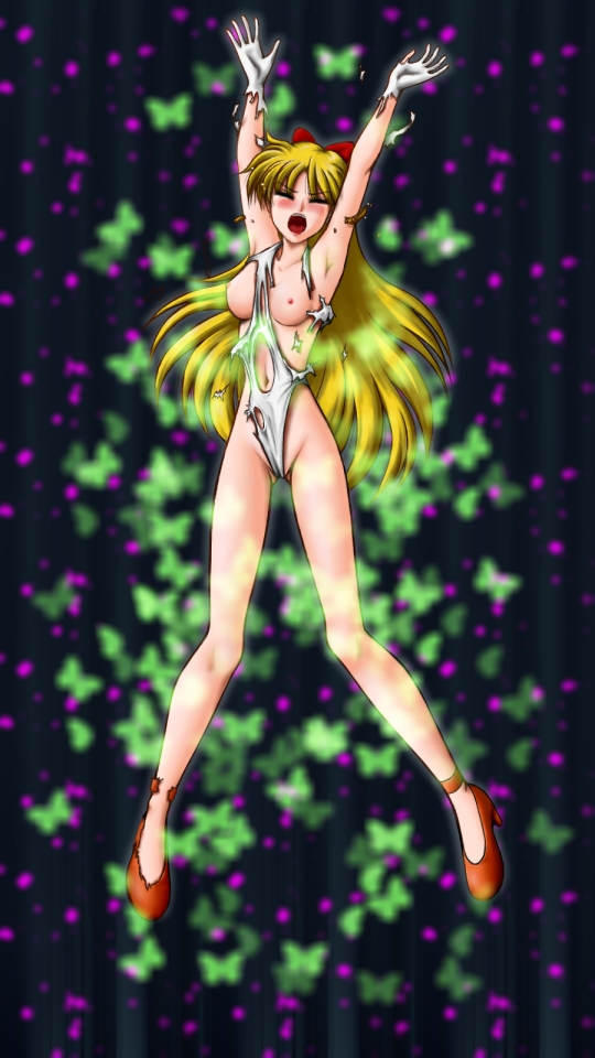 bishoujo_senshi_sailor_moon blonde_hair blush bow breasts closed_eyes clothing female female_only h@ruki human leotard long_hair minako_aino nipples nude open_mouth sailor_venus small_breasts solo torn_clothes