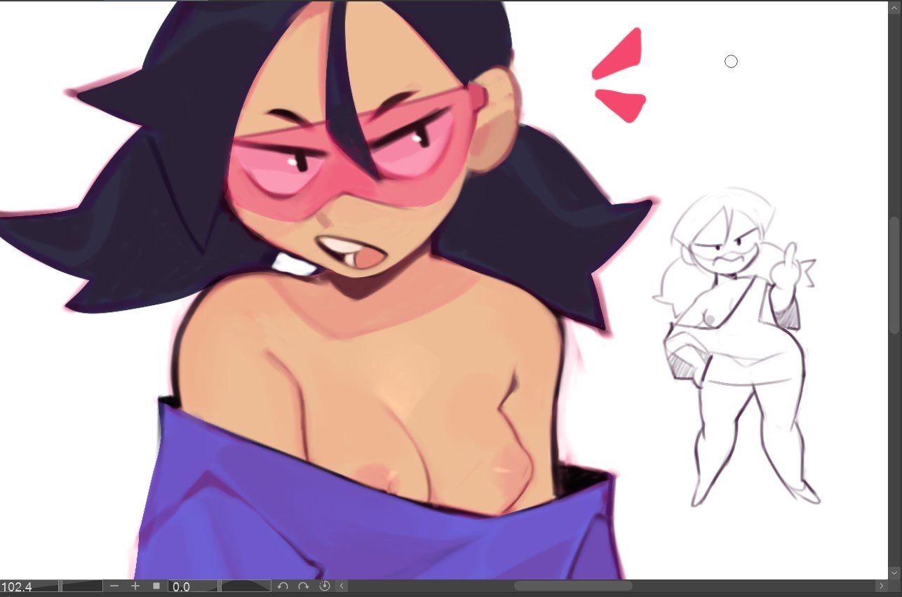 1girls, annoyed expression, brawl stars, breasts, breasts out, dark hair, female, goggles, jacky (brawl stars), looking at viewer, medium breasts, middle finger, oversized clothes, pink nipples, purple shirt, shirt pull, simple background, sleepy conito, solo, solo female, tinted eyewear