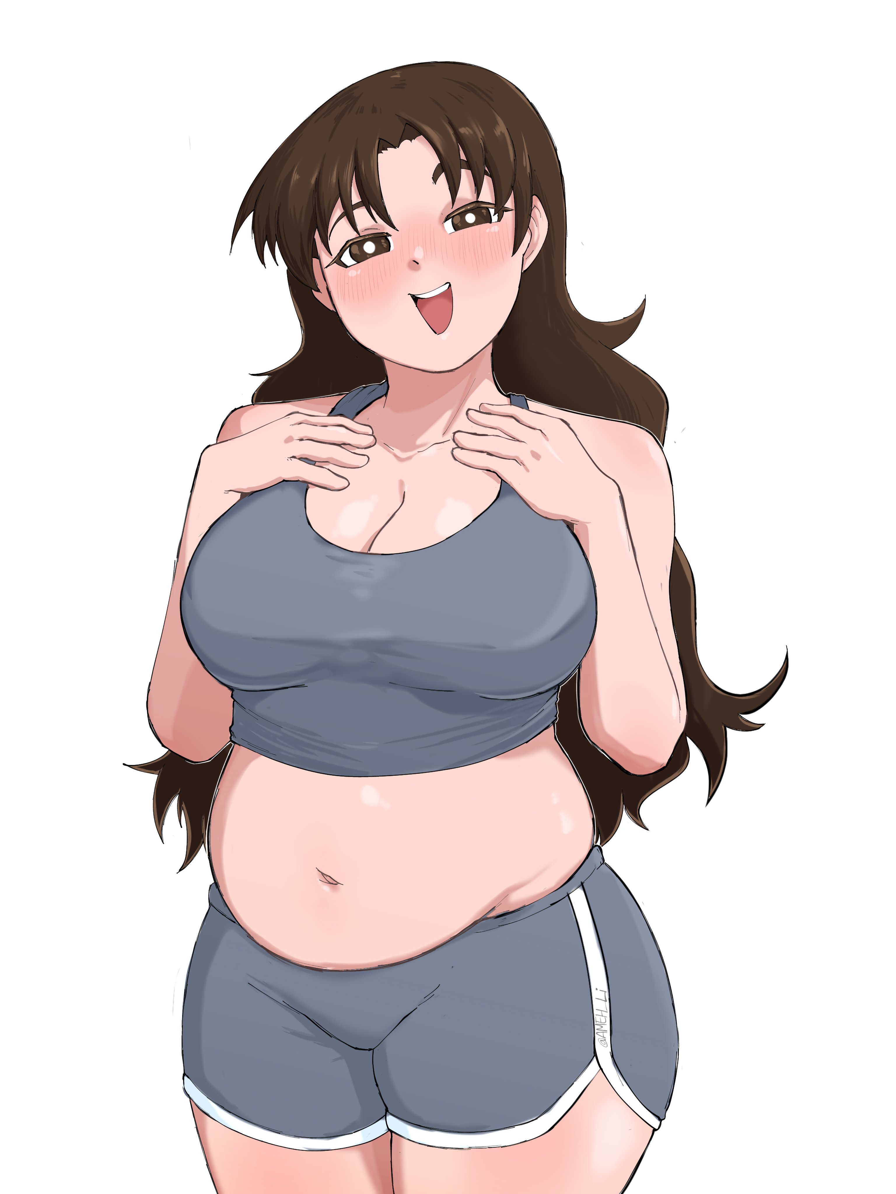 1girls, absurd res, absurd resolution, absurdres, ameh li, azumanga daiou, bare shoulders, big breasts, blush, blush lines, breasts, brown eyes, brown hair, busty, chubby, chubby belly, chubby female, cleavage, curvaceous, curvy, curvy female, curvy figure, dolphin shorts, eye contact, fat stomach, female, female focus, female only, front view, grey shorts, grey tank top, hand on breast, hand on own breast, hands on breasts, hands on own breasts, hands on own chest, hi res, high resolution, highres, large breasts, light skin, light-skinned female, long hair, looking at viewer, mature, mature female, milf, navel, plump, pov eye contact, pussy, pussy outline, raised eyebrow, short shorts, shorts, simple background, slightly chubby, slightly chubby female, smile, smiling at viewer, solo, solo female, solo focus, tagme, tank top, thick thighs, thighs, tummy, viewed from front, voluptuous, voluptuous female, wavy hair, white background, yukari tanizaki