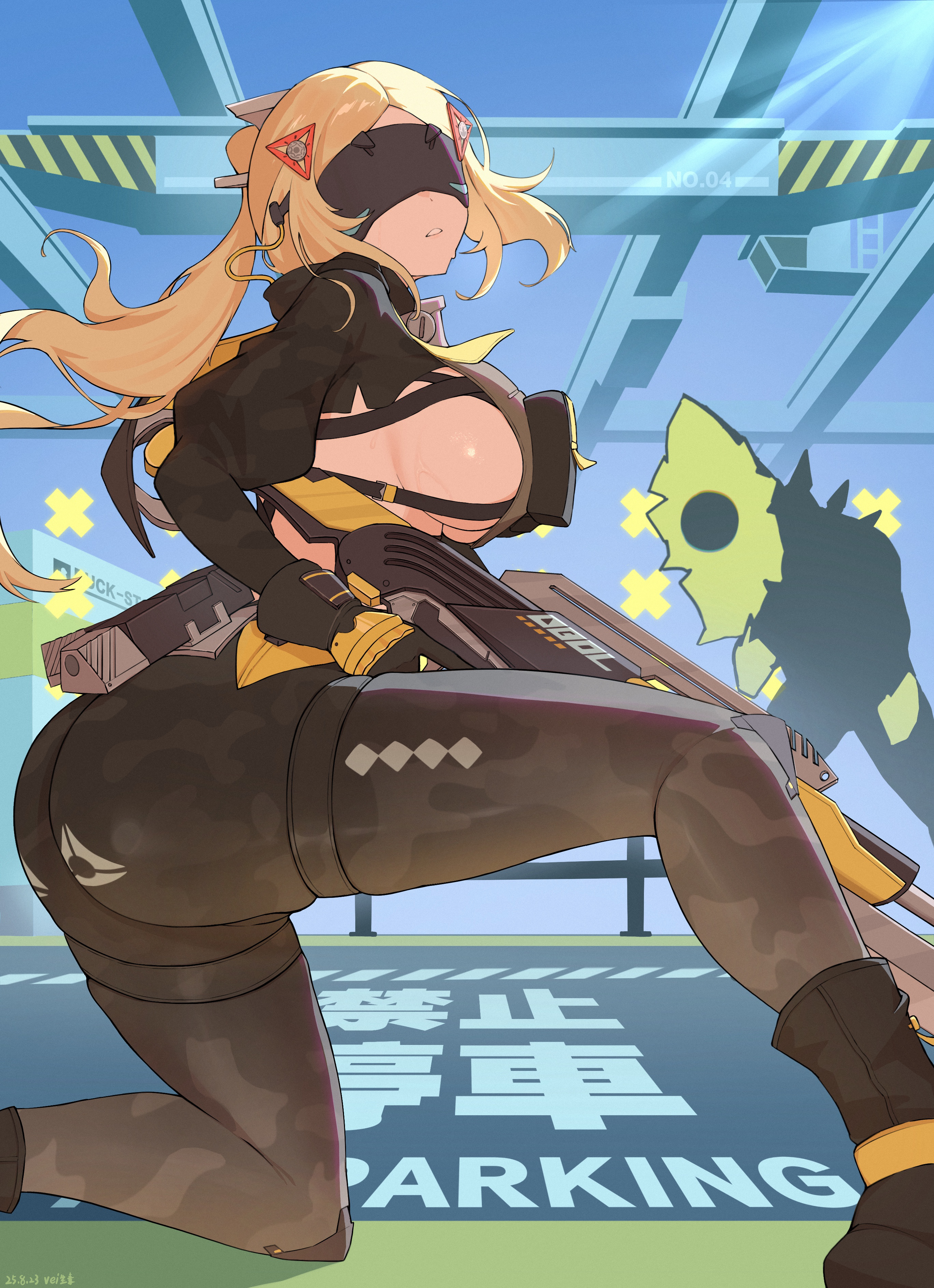 1girls, ass, big ass, big breasts, blonde hair, bottom heavy, breasts, bubble butt, clothing, crouching, ethereal (zenless zone zero), fat ass, female, female only, female soldier, gun, hourly vitamins, huge ass, large ass, looking at viewer, looking back, monster, rifle, sideboob, sniper, sniper rifle, soldier, solo, squatting, thick ass, thick thighs, trigger (zenless zone zero), visor, wide hips, zenless zone zero
