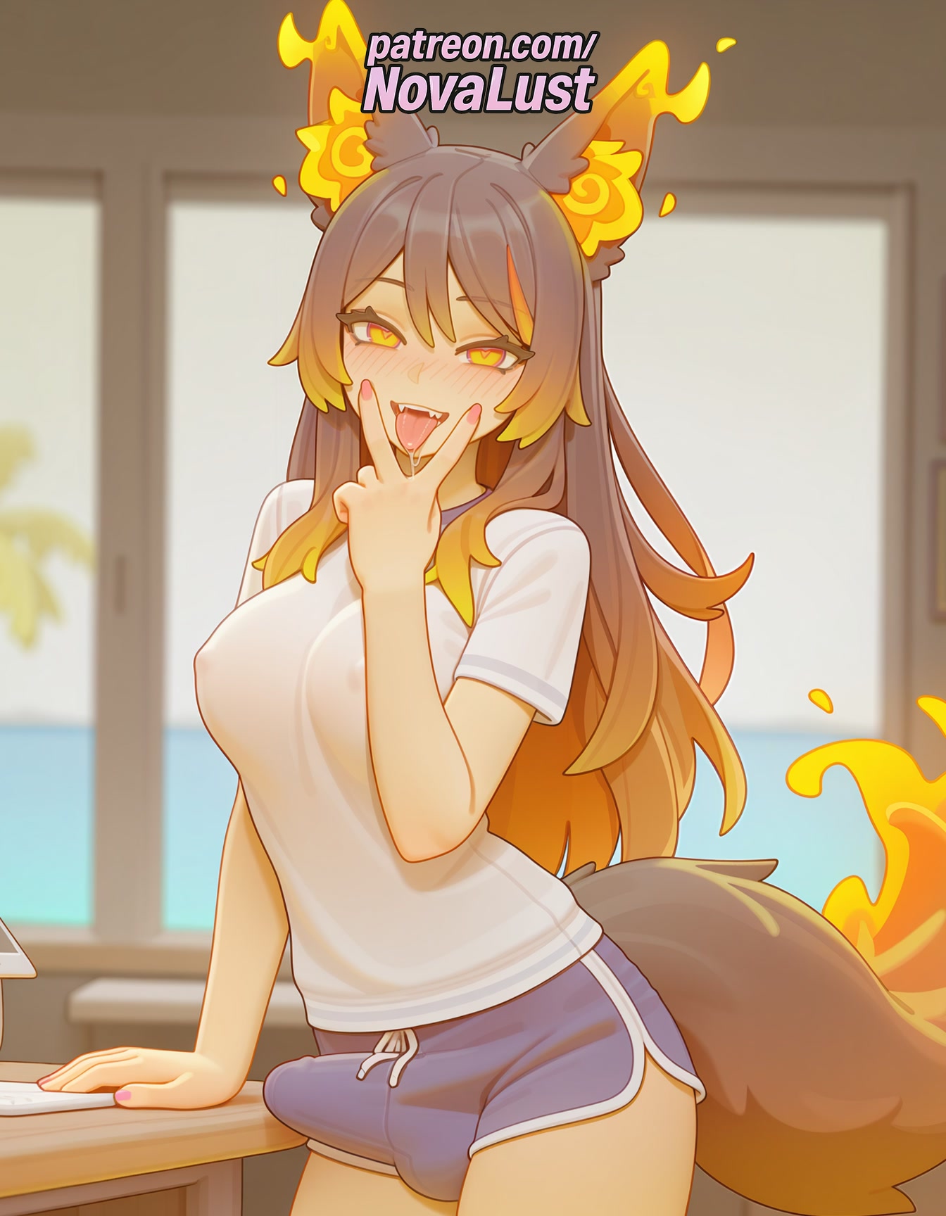1futa, 2025, ai generated, animal ears, artist name, blurry, blurry background, blurry foreground, blush, breasts, bulge, bust, chest, covered nipples, depth of field, erection, fire, flower, fox ears, fox tail, futanari, hi res, high quality, high resolution, highres, indoors, intersex, long hair, novalust, open mouth, orange eyes, patreon, patreon username, see-through, shirt, shorts, sinder (vtuber), solo, stable diffusion, tail, virtual youtuber, watermark, white shirt, window