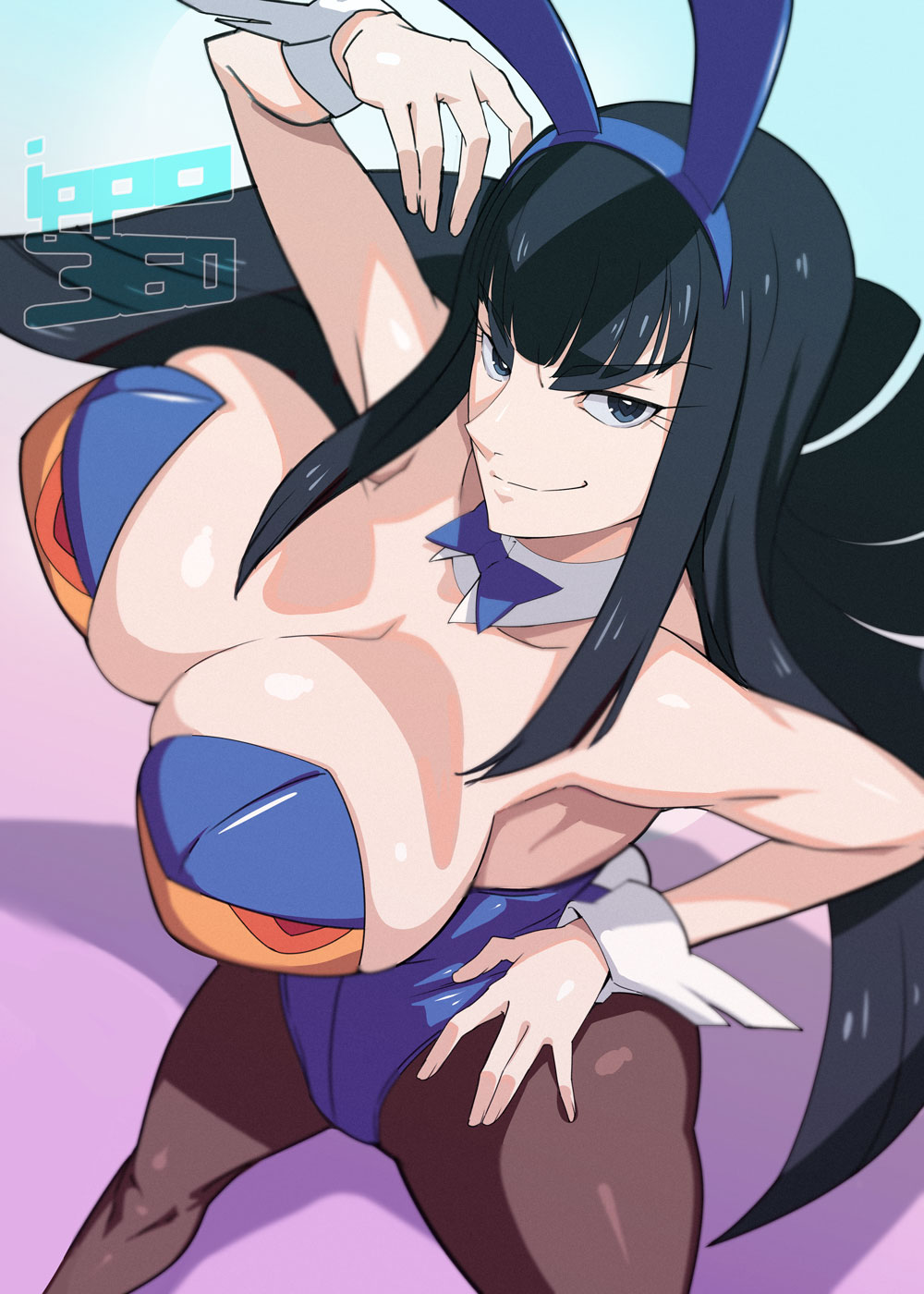 1girls, big breasts, black hair, blue eyes, breasts, bunny ears, bunnysuit, cleavage, female, female only, ippo, kill la kill, kiryuuin satsuki, large breasts, leotard, long hair, smile