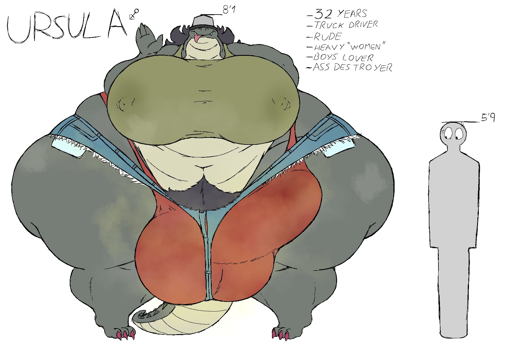 1futa, alligator, anthro, ass, ass bigger than head, balls, big ass, big balls, big breasts, big butt, big penis, black hair, breasts, breasts bigger than head, bubble butt, bulge, character sheet, chubby, chubby futa, clothing, crocodilian, curvaceous, curvy, curvy figure, english text, erect nipples, erect nipples under clothes, erection, erection under clothes, front view, futa only, futanari, hat, hat over eyes, huge ass, huge balls, huge breasts, huge cock, hyper ass, hyper balls, hyper breasts, hyper penis, intersex, long hair, lulusan98, mostly clothed, musk, musk clouds, musky cock, nipple piercing, penis, piercing, piercings, pubes, pubic hair, scalie, smelly, smelly cock, solo, solo futa, tail, text, thick thighs, tongue, tongue out, ursula (lulusan98), voluptuous, voluptuous futa, white background, wide hips