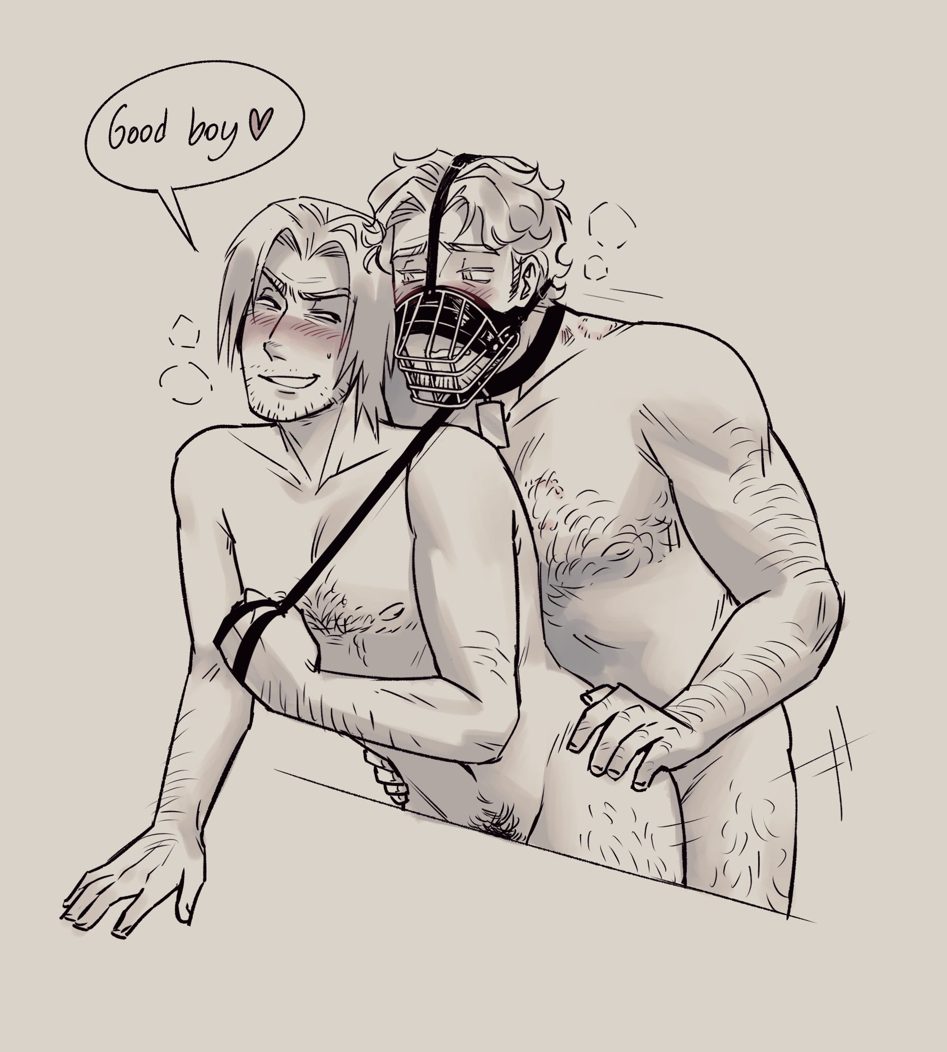 2boys, bite mark, bite mark on back, bite mark on shoulder, bite marks, blush, cage, collar, collar tag, curly (mouthwashing), dialogue, dog collar, dominant bottom, dominant sub, dominating the dominant, fucking, fully nude, furrowed brow, gay, good boy, hairy body, hairy chest, hand on table, hands around waist, happy trail, hi res, hickey, holding hips, implied petplay, jimmy (mouthwashing), kinktober, kinktober 2025, leash, leash pull, leash pulling, leashed muzzle, lidded eyes, looking at each other, male, male only, male penetrating, male penetrating male, monochrome, mouthwashing, movement lines, muzzle (object), muzzled, needy, no visible genitalia, obedience, obedient, power bottom, praise, service top, smirking, speech bubble, submissive top, training, waist grab, yaoi, zzoupz