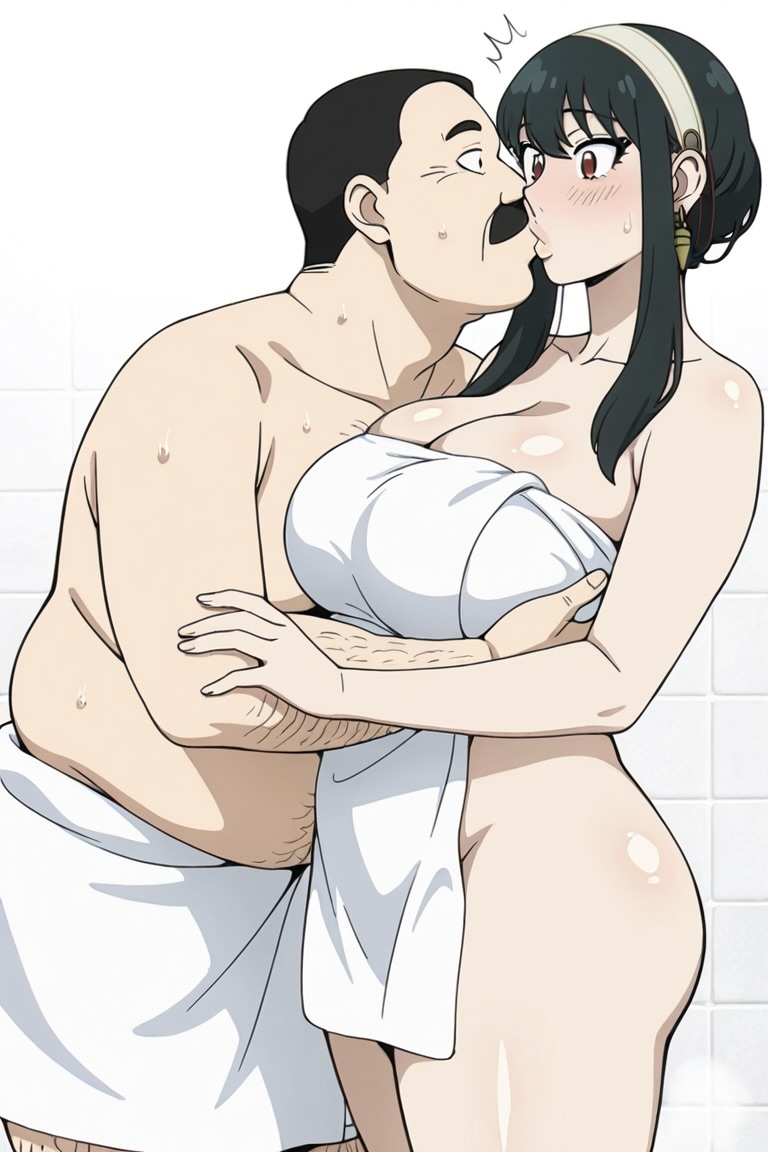 1boy, 1girls, ai generated, big ass, big breasts, black hair, breasts, busty, cheating, cheating girlfriend, cheating wife, envia, facial hair, fat male, fat man, female, hairy, hairy chest, hairy male, kissing, male, moustache, murdoch swan, netorare, ntr, red eyes, shocked, shower, sidelocks, spy x family, surprised, thick thighs, towel, towel only, ugly bastard, ugly man, yor briar, yor forger