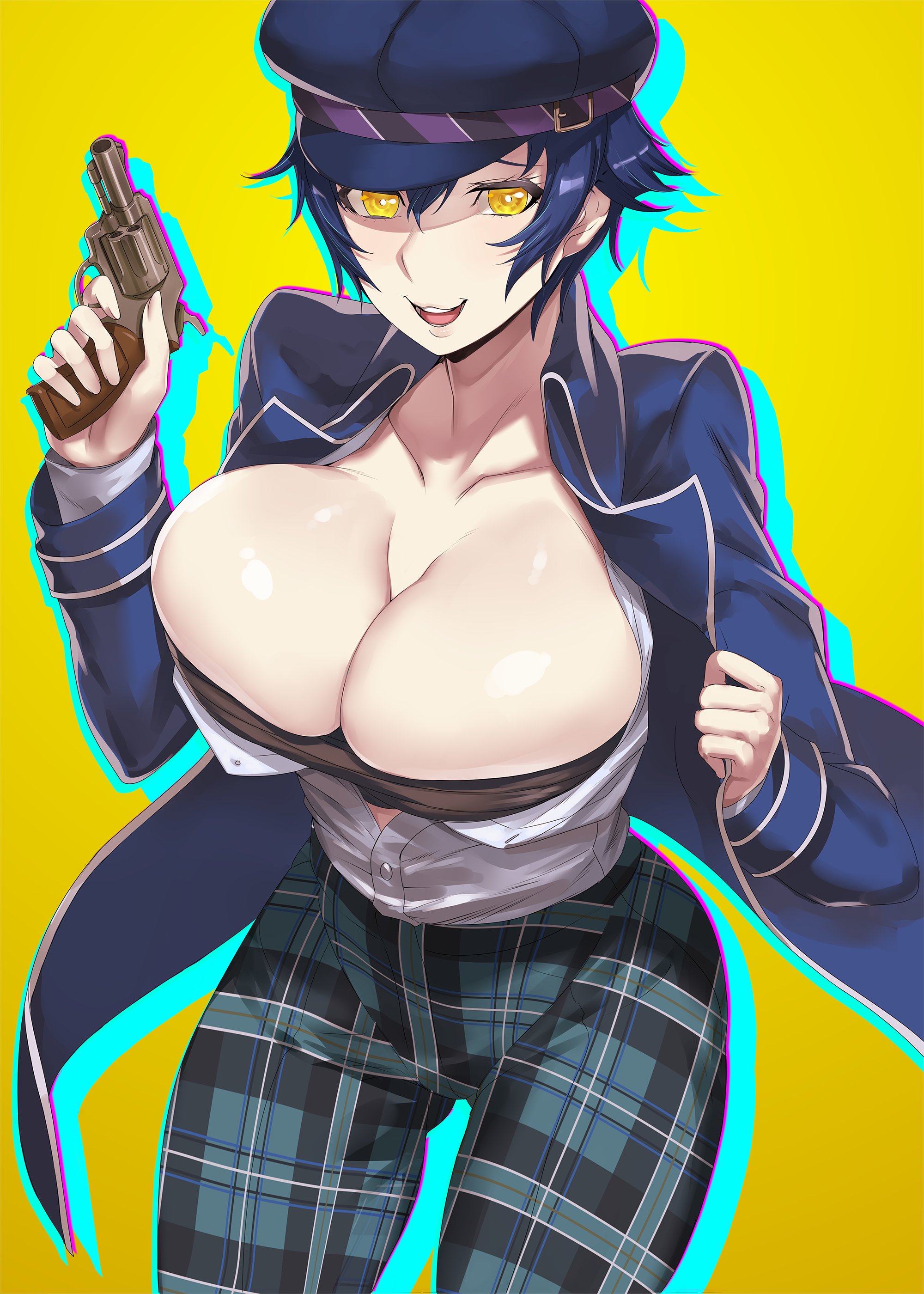 absurdres, blue hair, blue hat, breasts, cleavage, clothing, female, female only, firearm, gun, hair between eyes, handgun, hat, headwear, highres, holding, holding gun, holding weapon, huge breasts, human, ippo, jacket, looking at viewer, open clothes, open jacket, open mouth, pale skin, persona, persona 4, revolver, shadow (persona), shadow naoto, shadow self (persona), shiny skin, shirogane naoto, shirt, short hair, solo, tomboy, weapon, white shirt, yellow eyes
