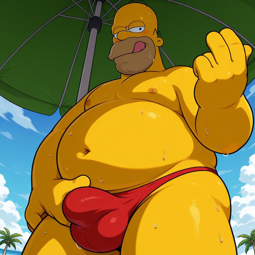 ai generated, bara, beach, beckoning, chubby, chubby male, fat male, homer simpson, male, male only, seductive, solo male, speedo, the simpsons, yaoi