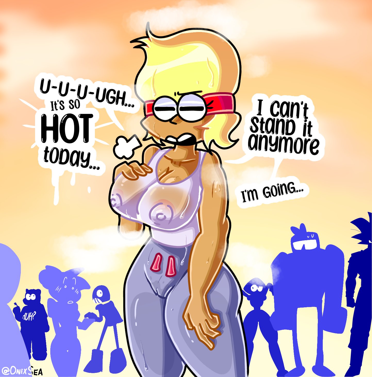 blonde hair, breasts visible through clothing, carol (ok k.o.! let's be heroes), carol kincaid, cartoon network, enid, enid (ok k.o.! lbh), heat, hips, huge breasts, huge hips, milf, mommy, nipples, nipples visible through clothing, ok k.o.! let's be heroes, onixsea, son goku, wet, wet body, wet t-shirt