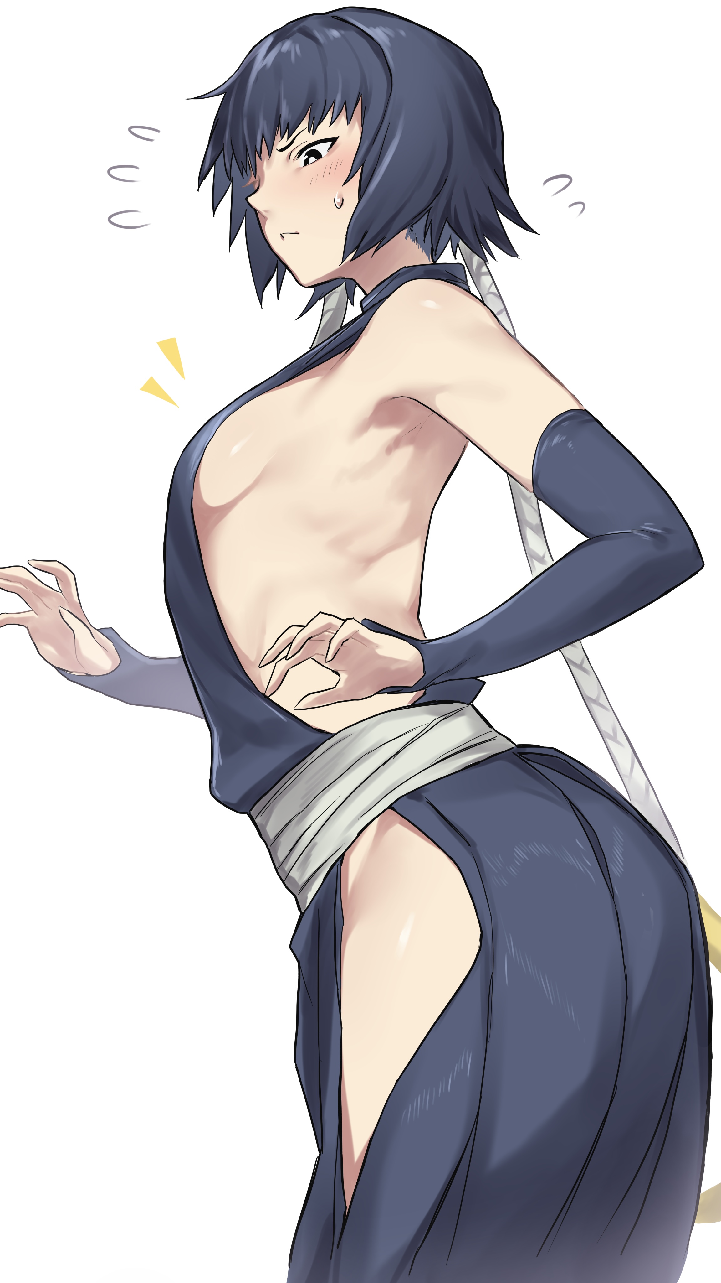 absurdres, armpits, bare shoulders, black hair, black kimono, bleach, blush, breasts, clothing cutout, detached sleeves, embarrassed, female, female only, flying sweatdrops, groin, highres, hip vent, japanese clothes, kimono, kuma (jk0073), no bra, obi, ribs, sash, short hair with long locks, sideboob, sideless outfit, simple background, small breasts, soifon, solo, sui-feng, sweatdrop, white background