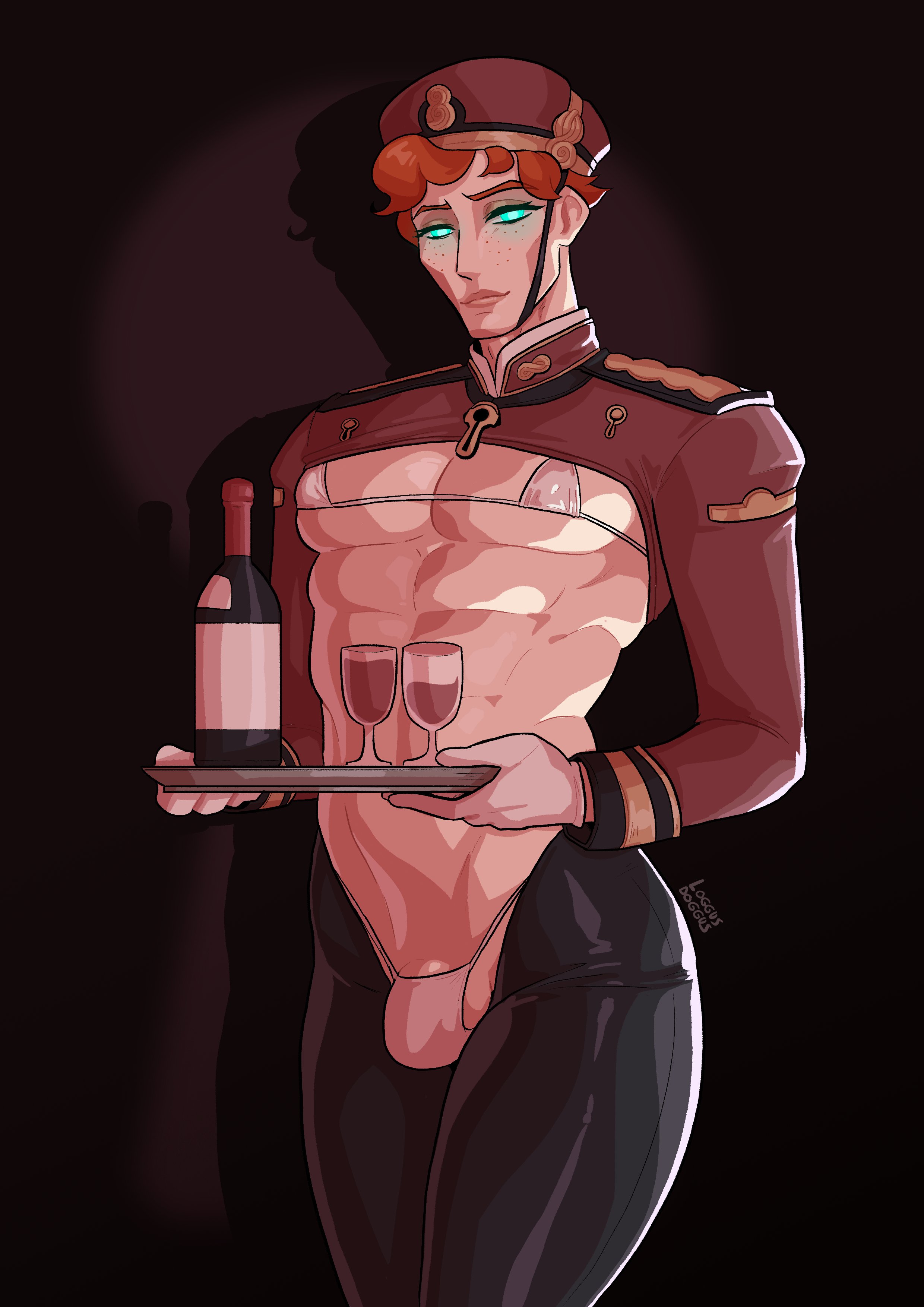 1boy, bulge, deadlock, doorman (deadlock), feminine male, human, loggus doggus, male, revealing clothes, solo, solo male, standing
