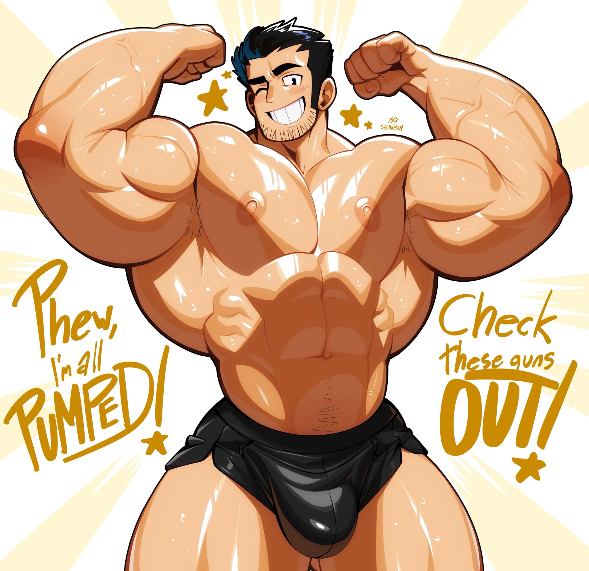 1boy, abs, bara, bulge, english text, gay, gay male, lucas lee, male, male focus, male only, muscular, muscular arms, muscular chest, muscular male, nipples, pecs, sachuman, scott pilgrim, scott pilgrim takes off, solo, solo male, star (symbol), text, topless, yaoi
