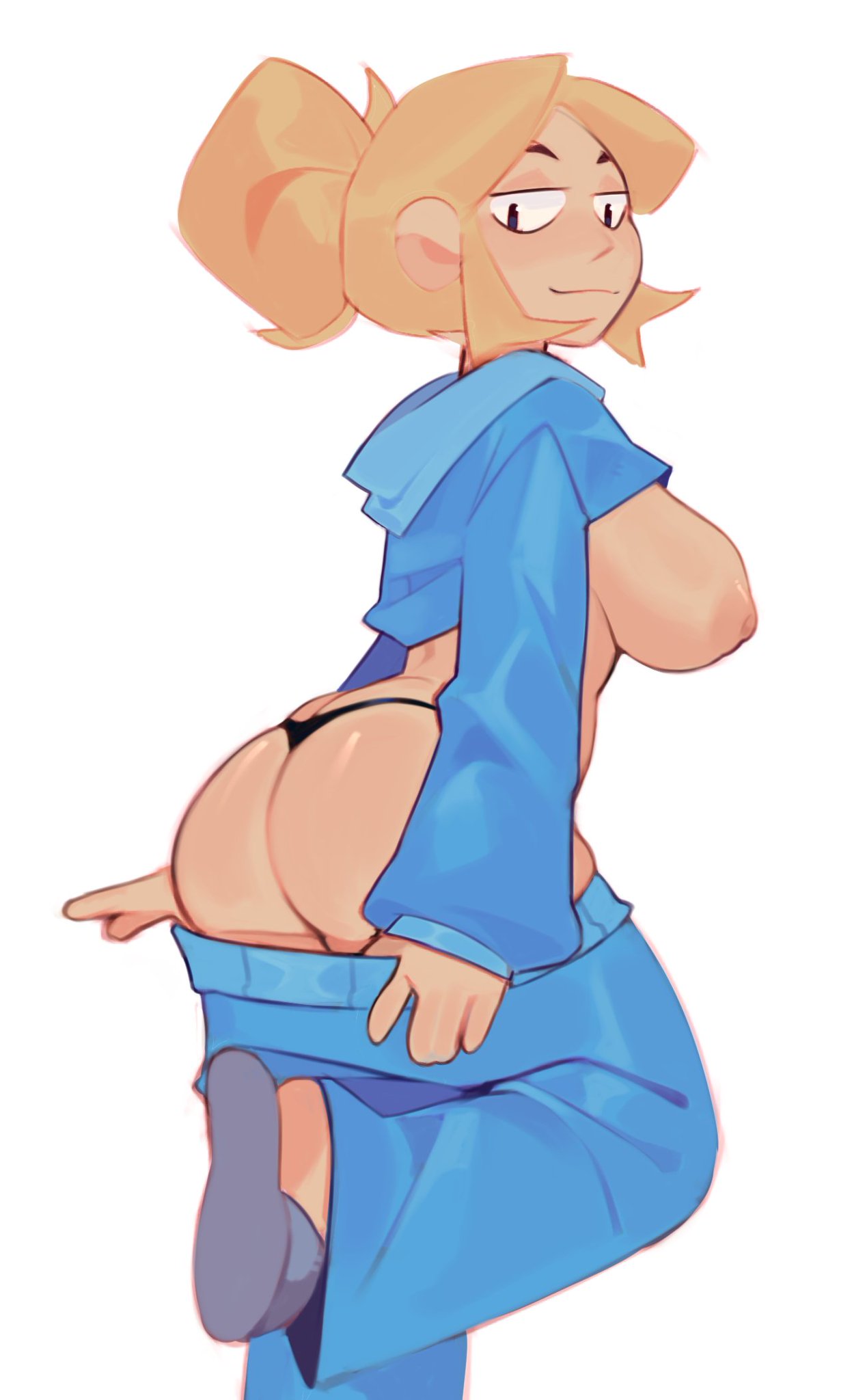 1girls, ass, big ass, big breasts, bikini, bikini bottom, blonde hair, blue track suit, brawl stars, breasts, breasts out, female, huge ass, huge breasts, pants pull, piper (brawl stars), seductive look, shirt lift, sleepy conito, slippers, smiling, solo female, thong, topless