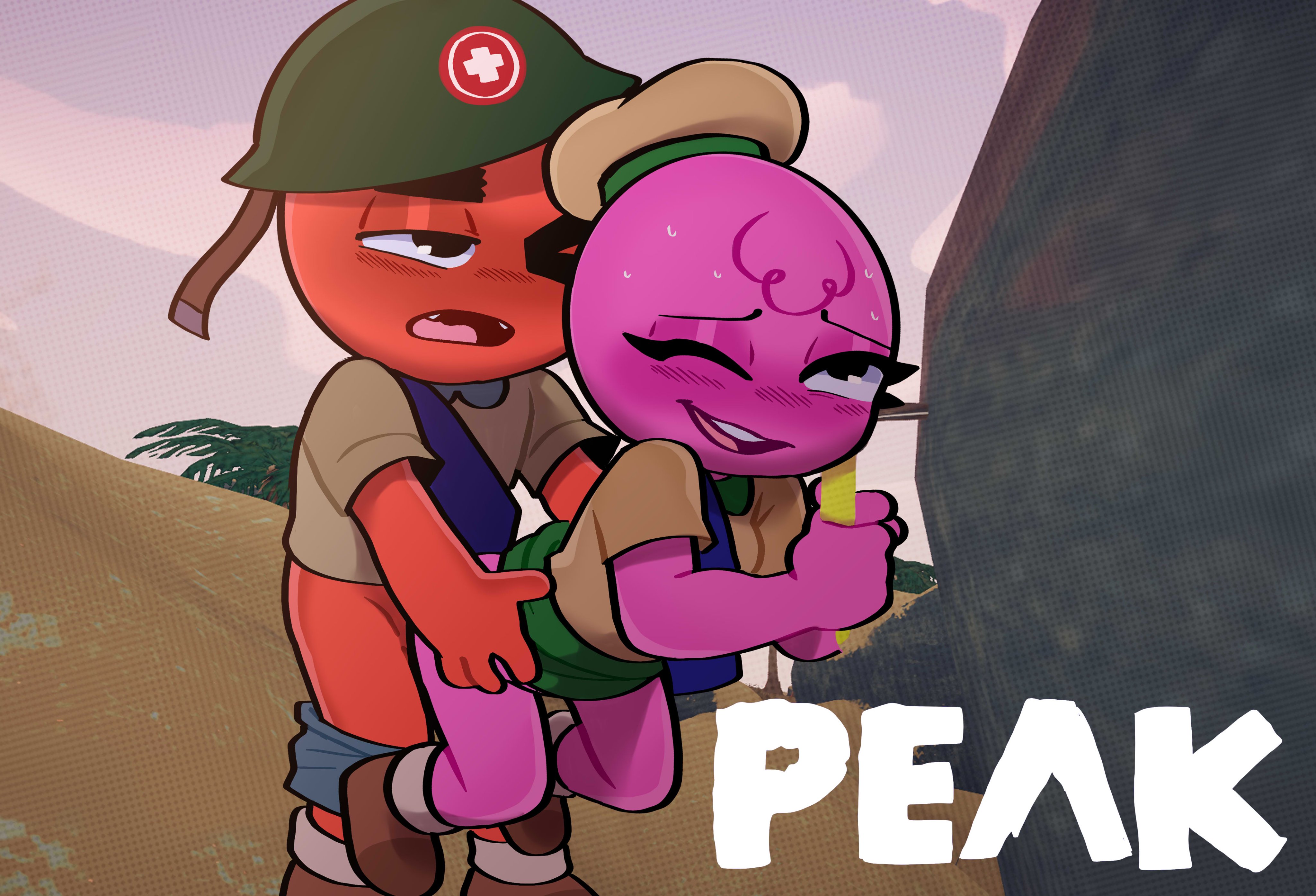 aribujitosnsfw, big eyes, big head, duo, enjoying, eyes rolling back, female, hat, looking pleasured, male, male penetrating, male/female, military hat, no nose, no visible genitalia, noseless, one eye closed, orange skin, peak (videogame), pink skin, scout (peak), sex, shorts down, skirt around belly, straight sex, tagme, thick eyebrows, thin eyebrows