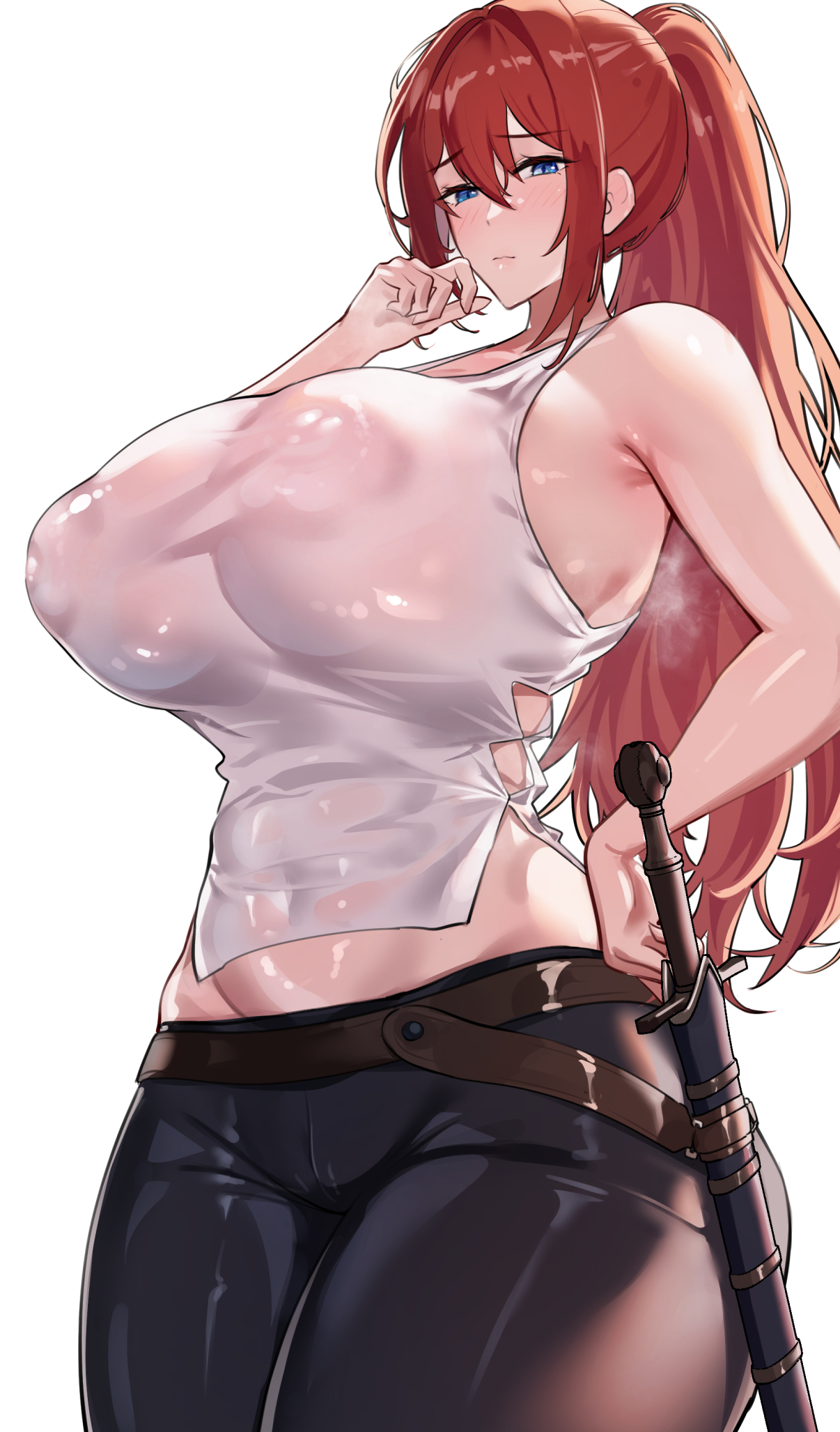 1girls, bare shoulders, belly, belly button, blue eyes, blush, breasts, female, female only, hi res, huge breasts, large areolae, light skin, light-skinned female, looking at viewer, low-angle view, navel, pants, ponytail, pov, red hair, see-through, seitoedaha, sidelocks, simple background, solo, stomach, sword, weapon