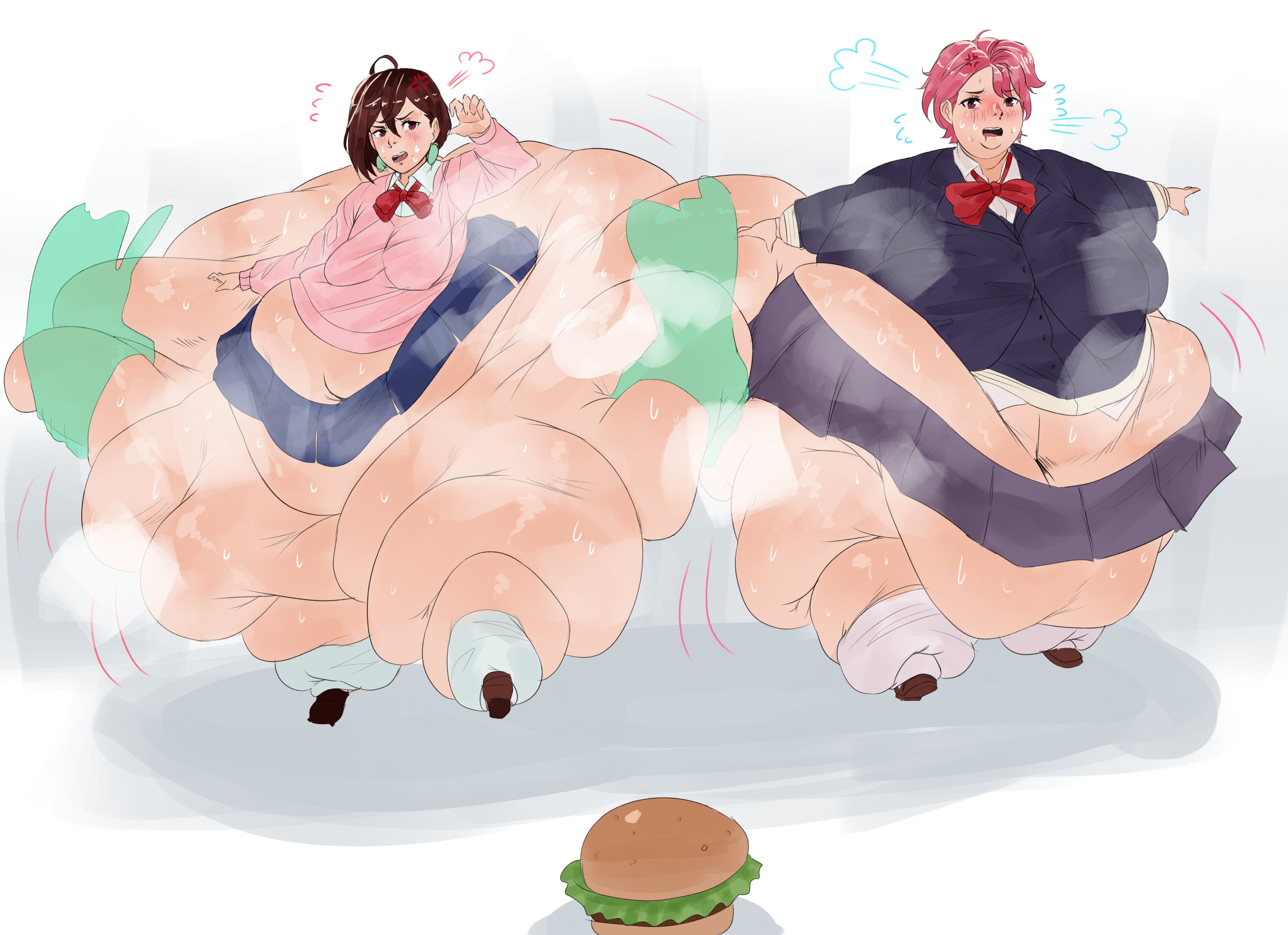 2girls, ass, ayase momo, bbw, bottom heavy, brown hair, burger, dandadan, fat, fat ass, fat female, fat fetish, female, female only, hyper ass, iceberg body shape, liquidy fat, massive ass, multiple females, multiple girls, obese, obese female, pink hair, pivk00, shiratori aira (dandadan), ssbbw