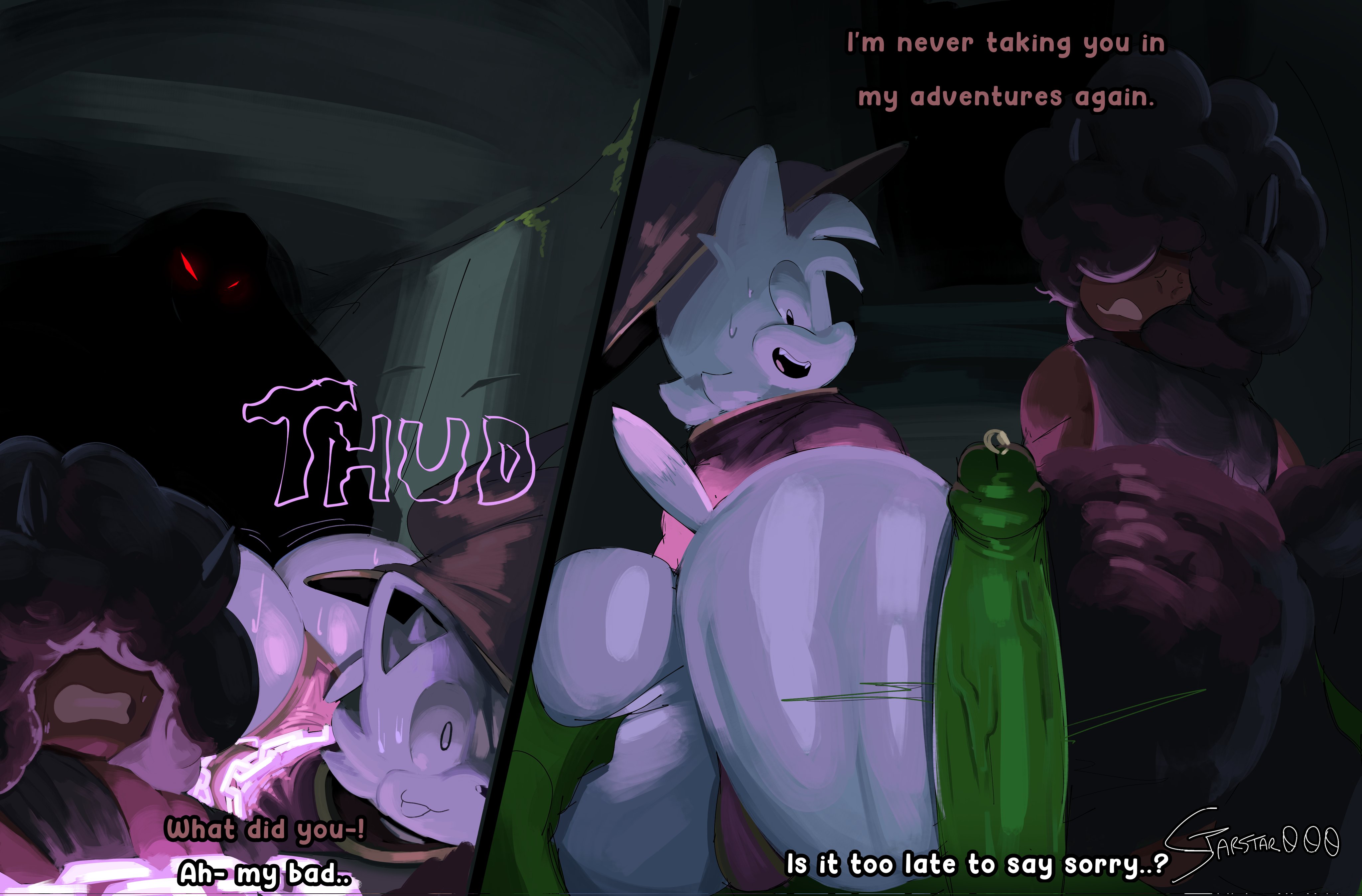 accidental circumstance, ambiguous gender, anthro, ass to ass, big ass, big breasts, big butt, big penis, big thighs, bondage, bottom heavy femboy, breasts, bubble butt, clothing, dark room, defeated, dialogue, dungeons and dragons, english commentary, english dialogue, english text, erect penis, erection, femboy, gay, gay domination, gay sex, green penis, huge butt, imminent rape, imminent sex, looking back, magic, male, male only, male pov, male/male, multiple boys, nervous, nervous smile, nervous sweat, oc, penis, penis on ass, pov, precum bubble, silly the fox, sonic (series), sonic the hedgehog (series), starstar000, tail, text, uncensored, white body