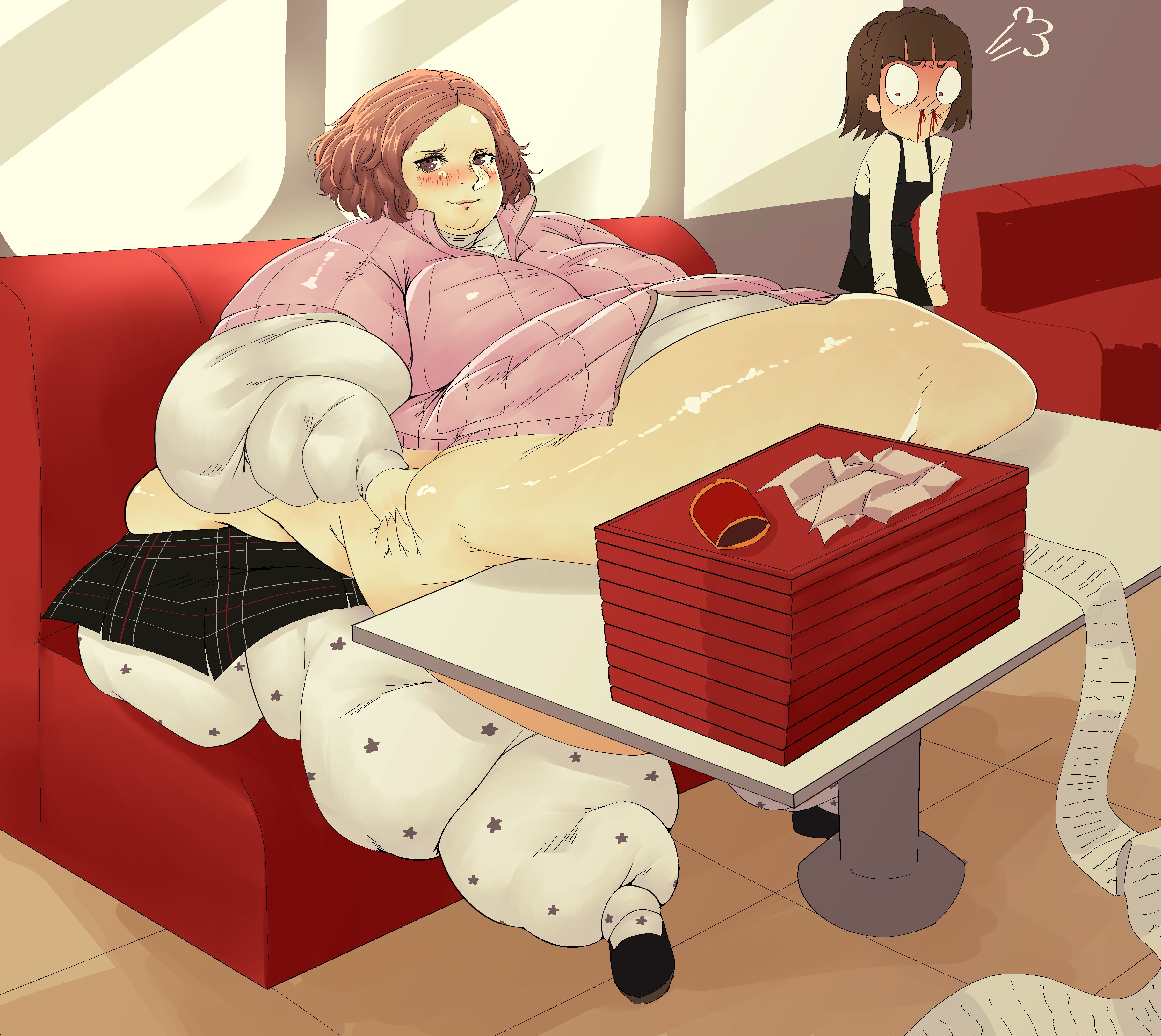 2girls, belly, blush, fat, fat female, fat fetish, feederism, female, female only, food tray, haru okumura, makoto niijima, massive belly, mcdonald's, multiple females, multiple girls, nosebleed, obese, obese female, persona, persona 5, pivk00, ssbbw, weight gain