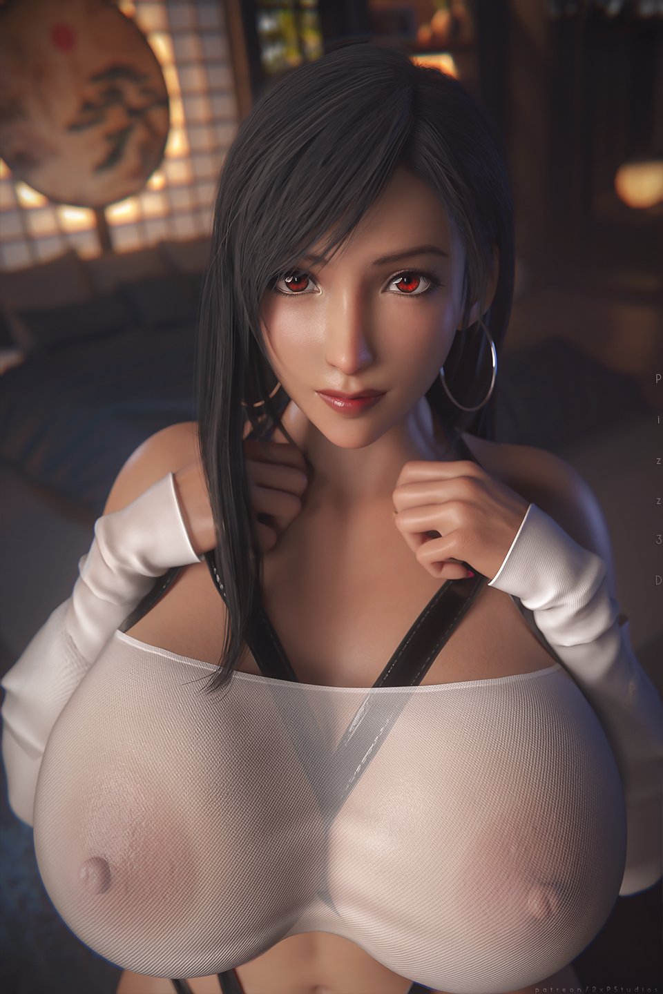 1girls, 2025, 2xp studios, 3d, 3d (artwork), admiring, big breasts, breasts, brown hair, brown-haired female, brunette hair, earrings, exposed breasts, female, female focus, female only, final fantasy, final fantasy vii, final fantasy vii remake, indoors, inside, large boobs, large breasts, light skin, light-skinned female, lollipop, long hair, long sleeves, long-haired female, looking at viewer, looking up, looking up at viewer, lustful gaze, pizz3d, red eyes, solo, solo female, solo focus, tifa lockhart, translucent, translucent clothing, transparent, transparent clothing, video game character, visible boobs, visible breasts